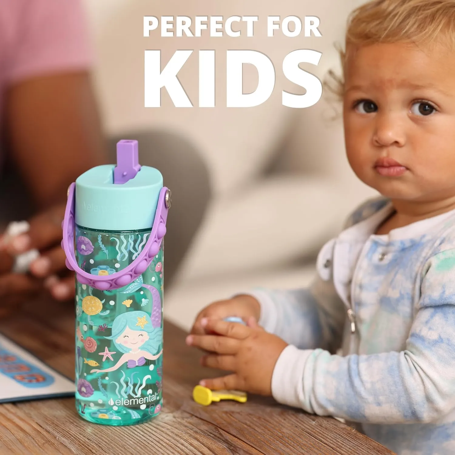 Elemental Leak Proof Water Bottles for Kids - Splash Kids Water Bottle for School with Pop-it Handle - Tritan Plastic Water Bottle with Straw - Mermaid & Pink Unicorn - 18oz (2 Pack)