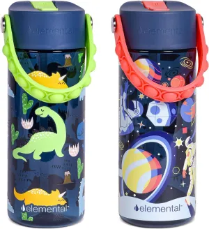 Elemental Leak Proof Water Bottles for Kids - Splash Kids Water Bottle for School with Pop-it Handle - Tritan Plastic Water Bottle with Straw - Space & Dinosaur - 18oz (2 Pack)
