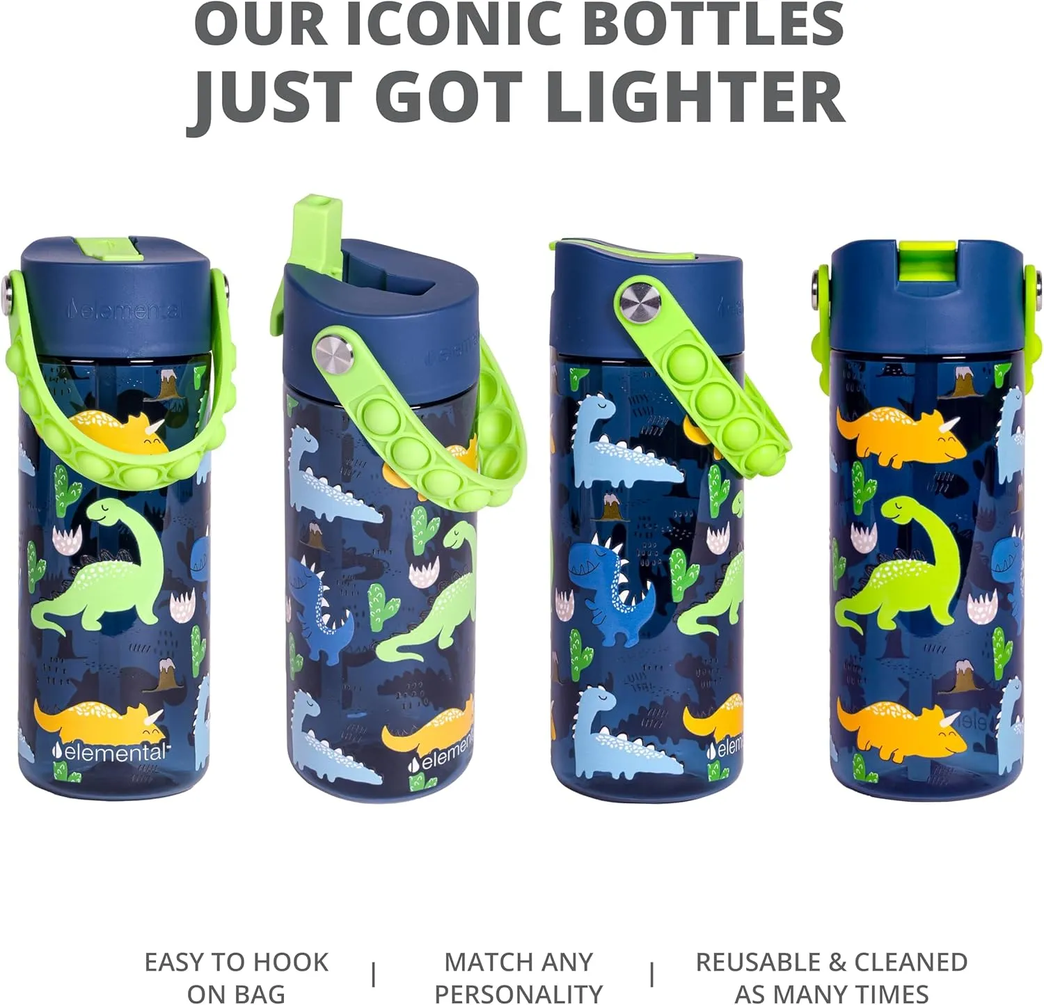 Elemental Leak Proof Water Bottles for Kids - Splash Kids Water Bottle for School with Pop-it Handle - Tritan Plastic Water Bottle with Straw - Space & Dinosaur - 18oz (2 Pack)