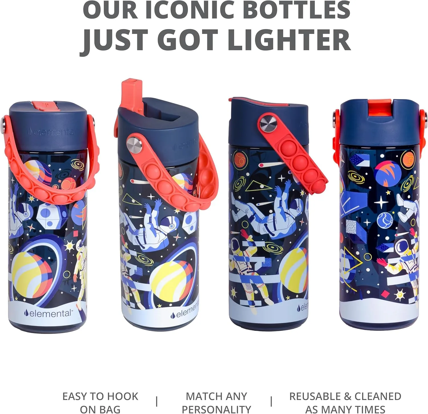 Elemental Leak Proof Water Bottles for Kids - Splash Kids Water Bottle for School with Pop-it Handle - Tritan Plastic Water Bottle with Straw - Space & Dinosaur - 18oz (2 Pack)