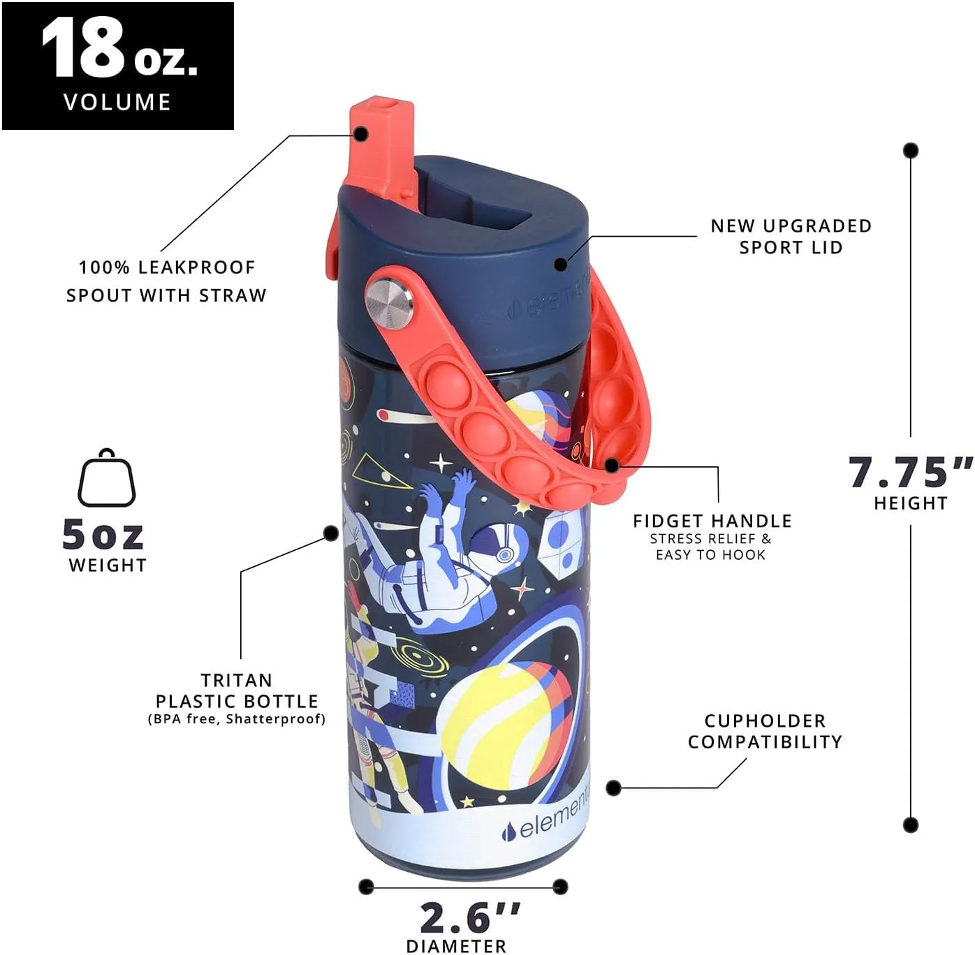Elemental Leak Proof Water Bottles for Kids - Splash Kids Water Bottle for School with Pop-it Handle - Tritan Plastic Water Bottle with Straw - Space & Dinosaur - 18oz (2 Pack)