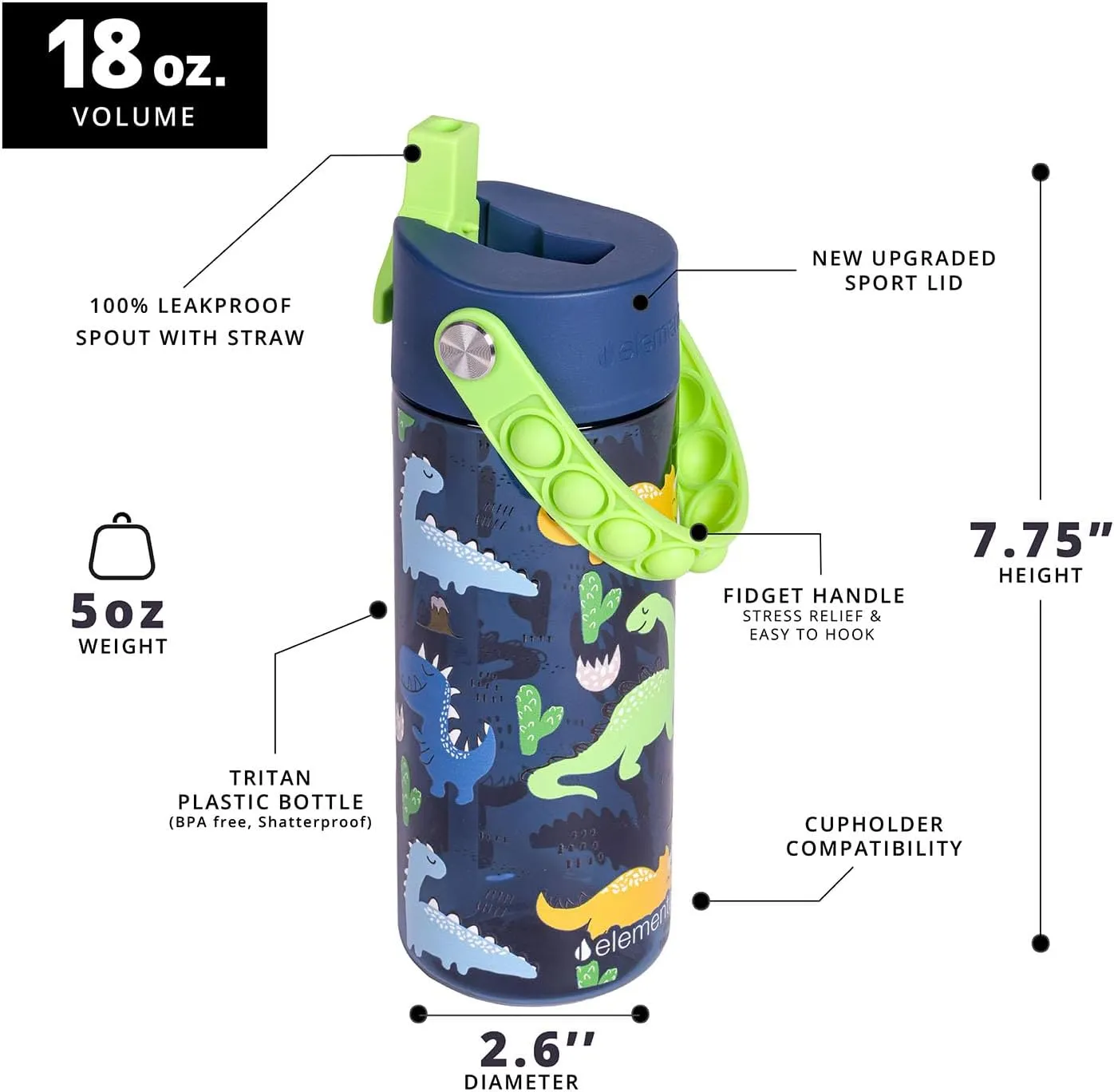 Elemental Leak Proof Water Bottles for Kids - Splash Kids Water Bottle for School with Pop-it Handle - Tritan Plastic Water Bottle with Straw - Space & Dinosaur - 18oz (2 Pack)