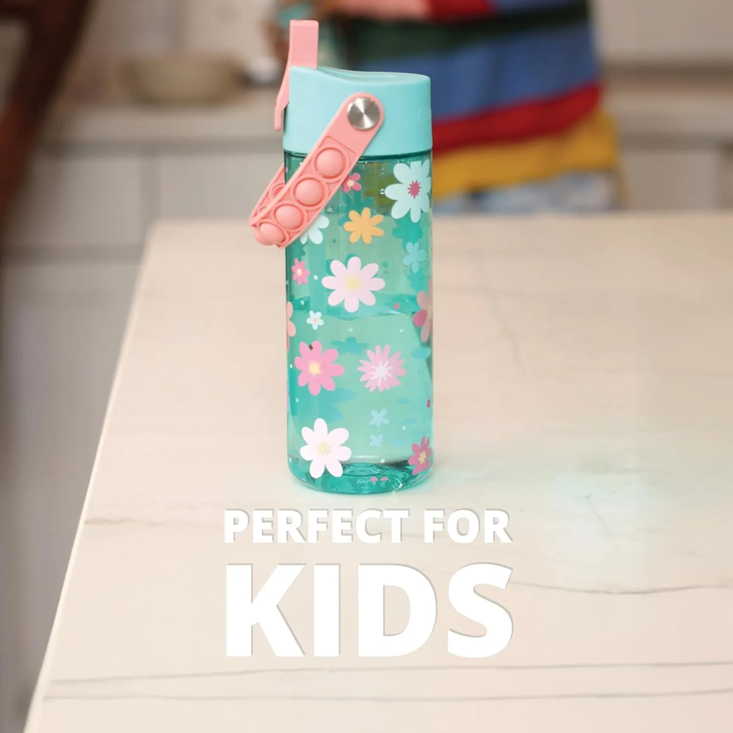 Elemental Leak Proof Water Bottles for Kids - Splash Kids Water Bottle for School with Pop-it Handle - Tritan Plastic Water Bottle with Straw - Stylish Cat & Spring Blossom - 18oz (2 Pack)