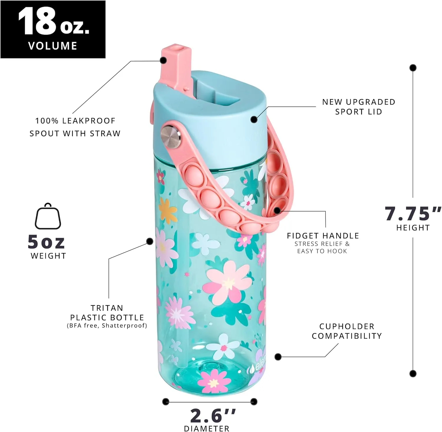Elemental Leak Proof Water Bottles for Kids - Splash Kids Water Bottle for School with Pop-it Handle - Tritan Plastic Water Bottle with Straw - Stylish Cat & Spring Blossom - 18oz (2 Pack)