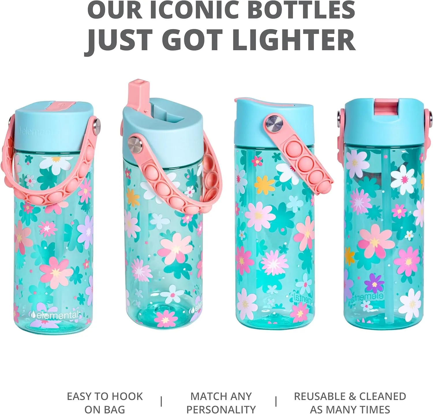 Elemental Leak Proof Water Bottles for Kids - Splash Kids Water Bottle for School with Pop-it Handle - Tritan Plastic Water Bottle with Straw - Stylish Cat & Spring Blossom - 18oz (2 Pack)