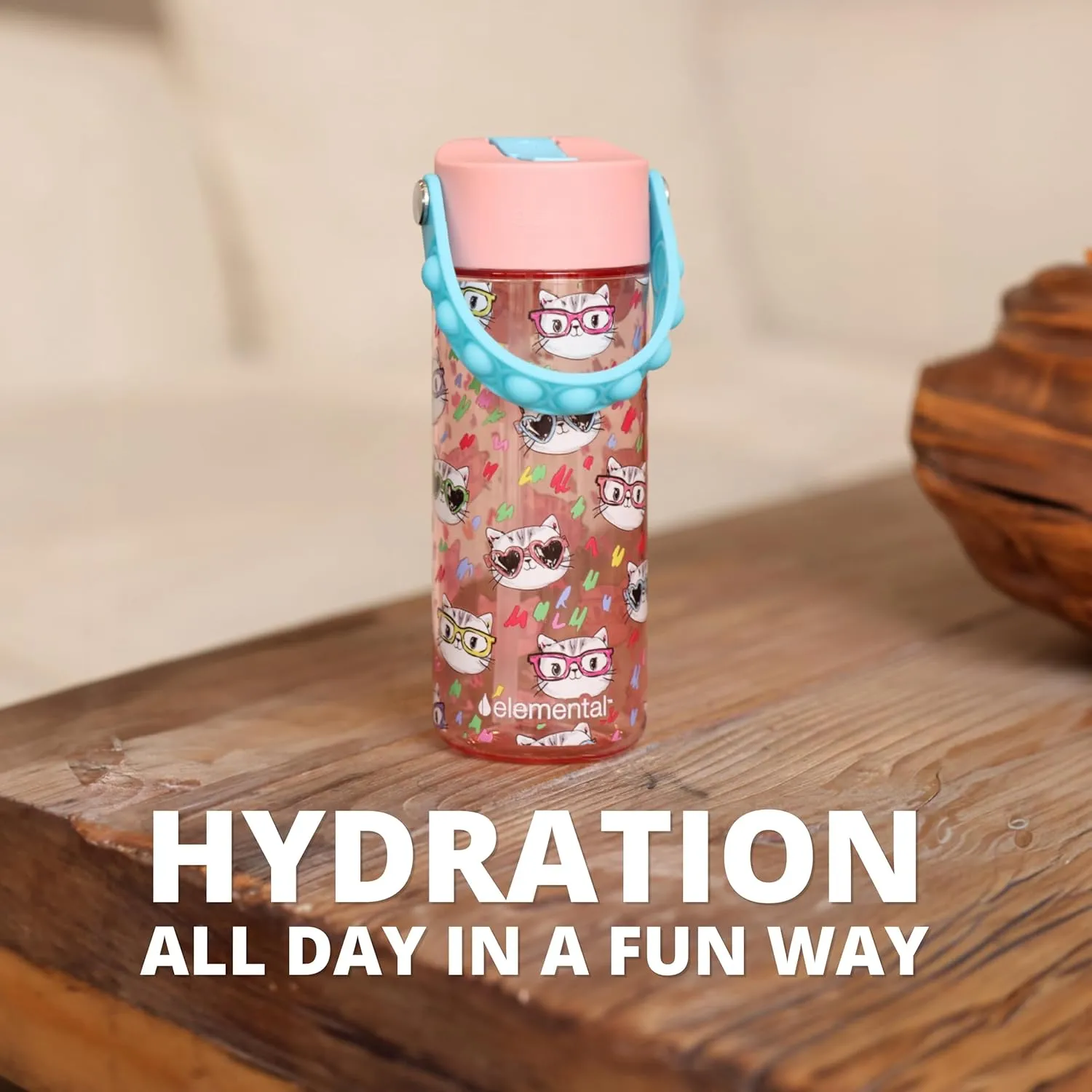Elemental Leak Proof Water Bottles for Kids - Splash Kids Water Bottle for School with Pop-it Handle - Tritan Plastic Water Bottle with Straw - Stylish Cat & Spring Blossom - 18oz (2 Pack)