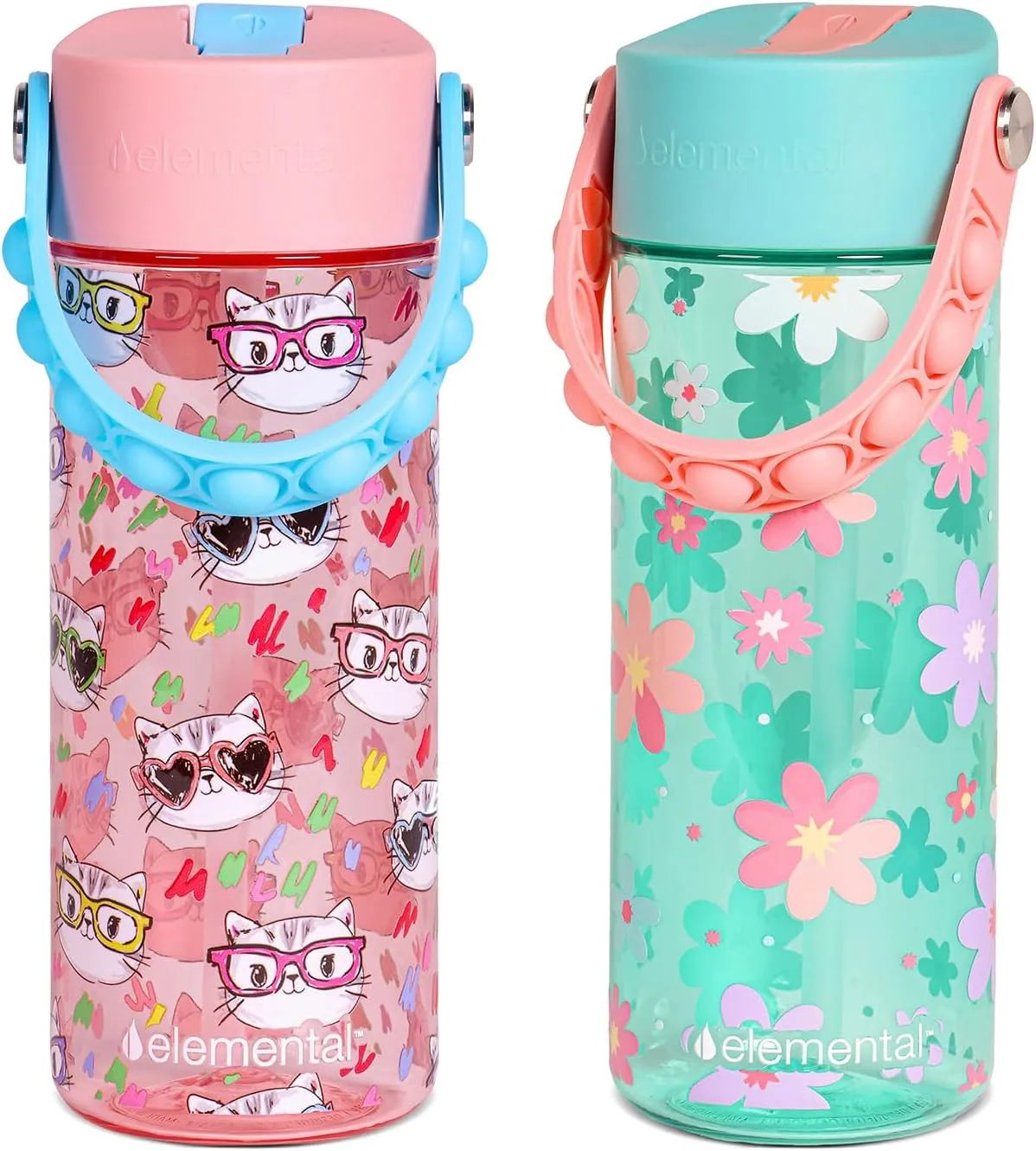 Elemental Leak Proof Water Bottles for Kids - Splash Kids Water Bottle for School with Pop-it Handle - Tritan Plastic Water Bottle with Straw - Stylish Cat & Spring Blossom - 18oz (2 Pack)