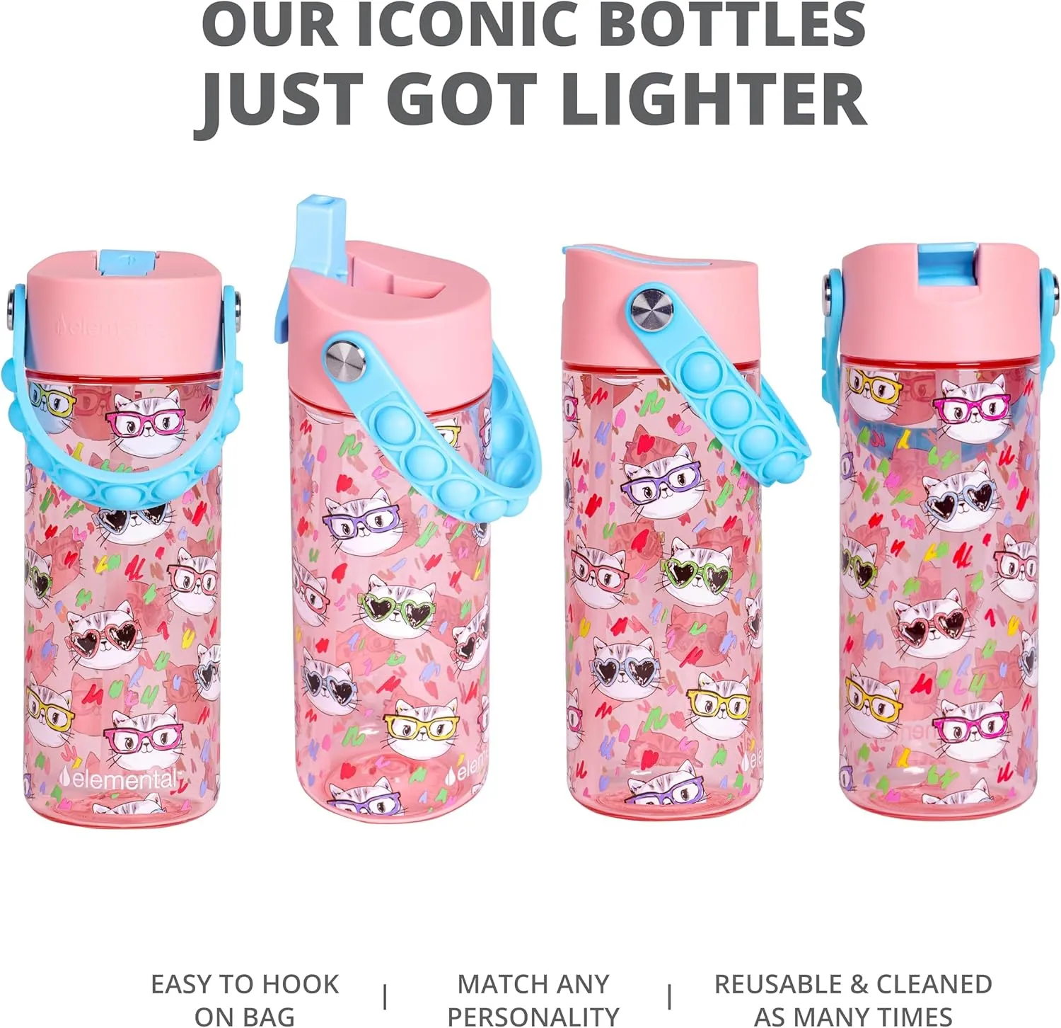 Elemental Leak Proof Water Bottles for Kids - Splash Kids Water Bottle for School with Pop-it Handle - Tritan Plastic Water Bottle with Straw - Stylish Cat & Spring Blossom - 18oz (2 Pack)