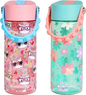 Elemental Leak Proof Water Bottles for Kids - Splash Kids Water Bottle for School with Pop-it Handle - Tritan Plastic Water Bottle with Straw - Stylish Cat & Spring Blossom - 18oz (2 Pack)