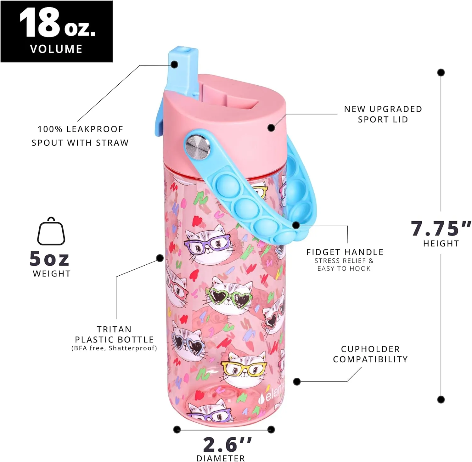 Elemental Leak Proof Water Bottles for Kids - Splash Kids Water Bottle for School with Pop-it Handle - Tritan Plastic Water Bottle with Straw - Stylish Cat & Spring Blossom - 18oz (2 Pack)