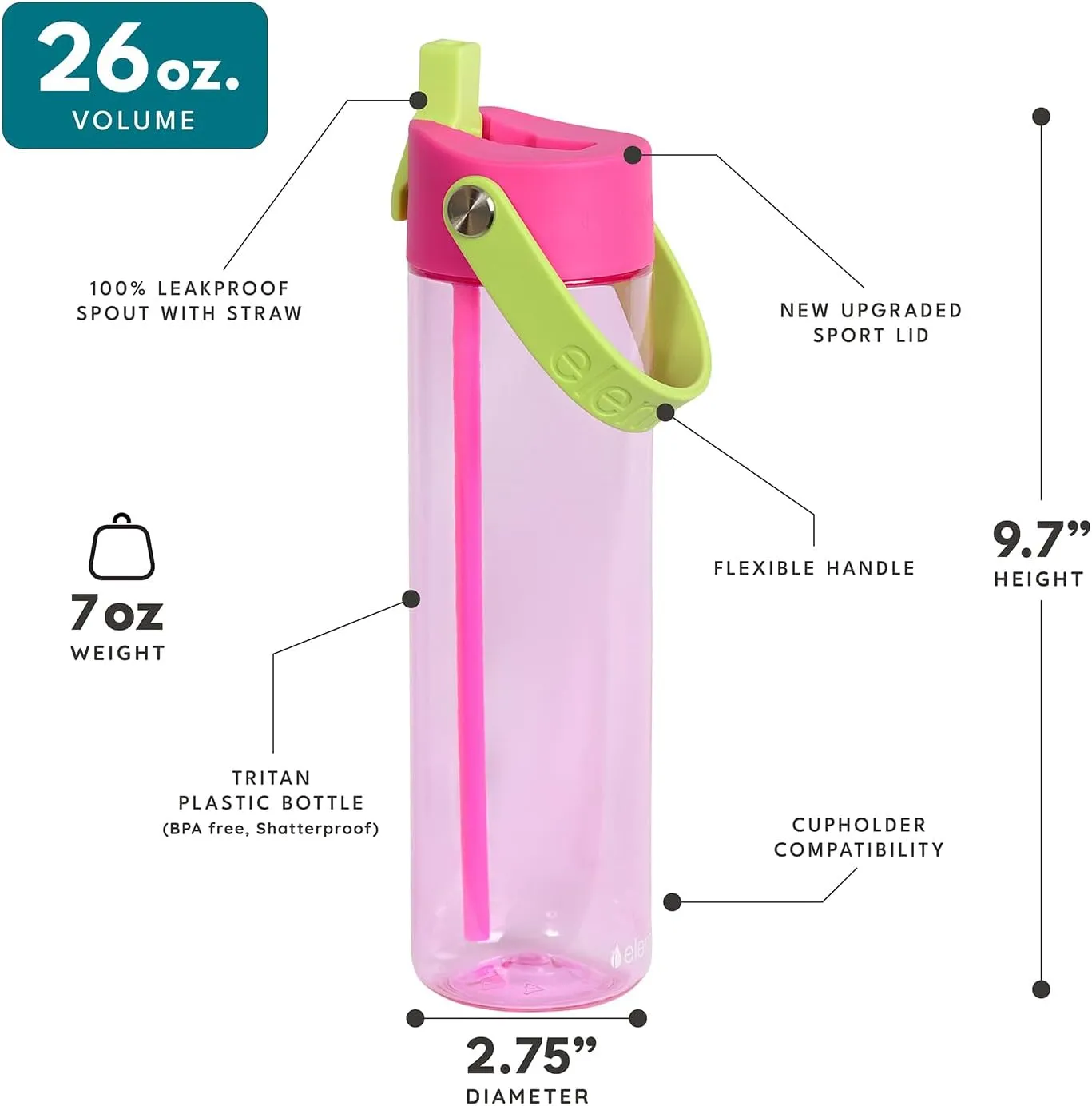 Elemental Splash Water Bottle with Straw - BPA-Free Tritan Plastic Reusable Water Bottle with Strap - Leak-Proof Waterbottle for Travel, Gym and Sports - 26oz