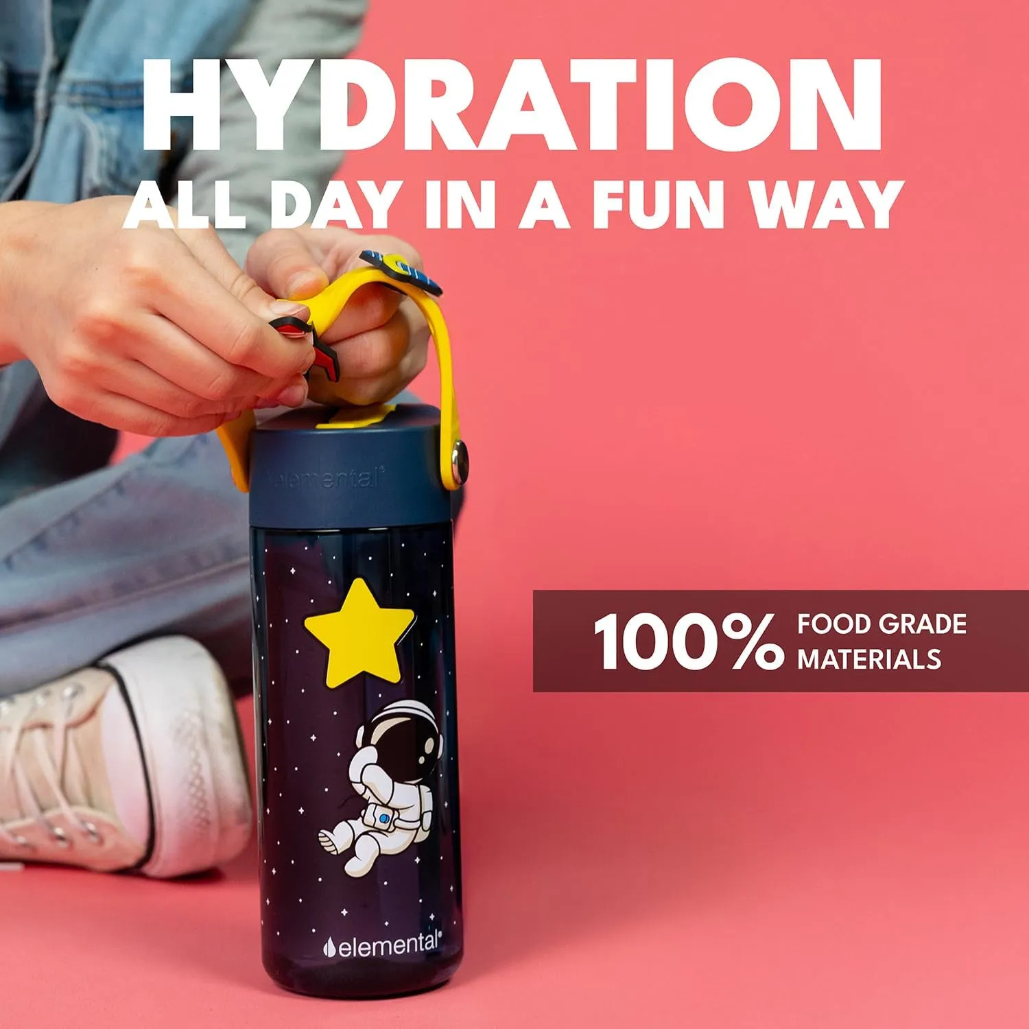 Elemental Water Bottles for Kids - Splash Kids Water Bottle for School with Fun Charm Handle - BPA Free Tritan Plastic Bottle with Straw Leak Proof When Spout is Closed - 18oz - Little Astronaut