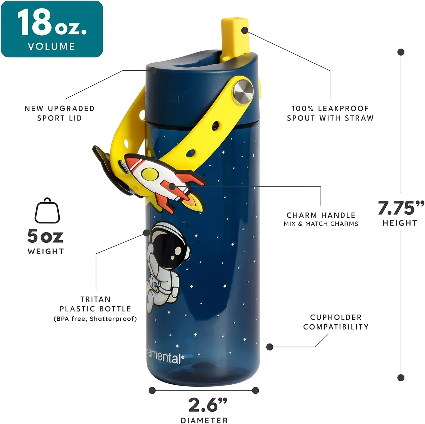 Elemental Water Bottles for Kids - Splash Kids Water Bottle for School with Fun Charm Handle - BPA Free Tritan Plastic Bottle with Straw Leak Proof When Spout is Closed - 18oz - Little Astronaut