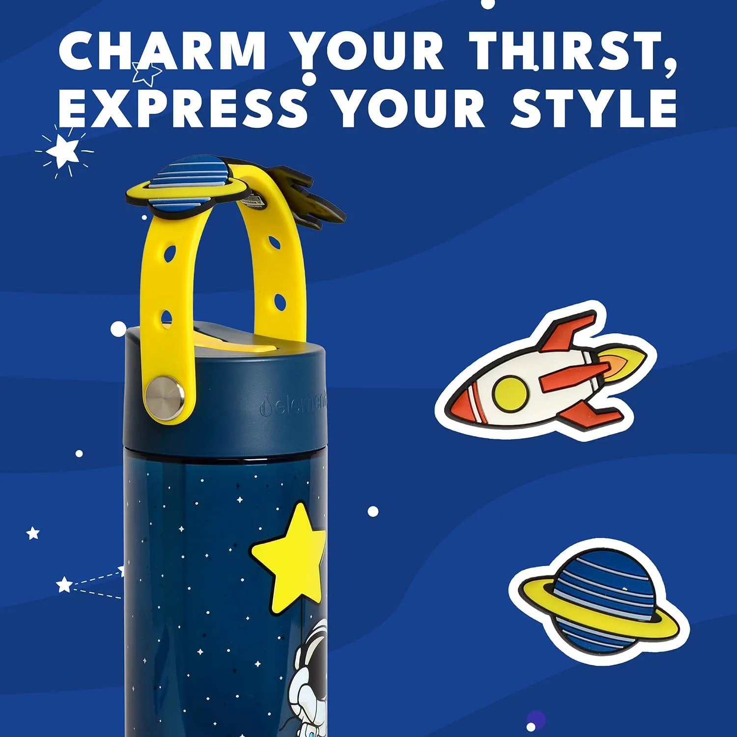 Elemental Water Bottles for Kids - Splash Kids Water Bottle for School with Fun Charm Handle - BPA Free Tritan Plastic Bottle with Straw Leak Proof When Spout is Closed - 18oz - Little Astronaut