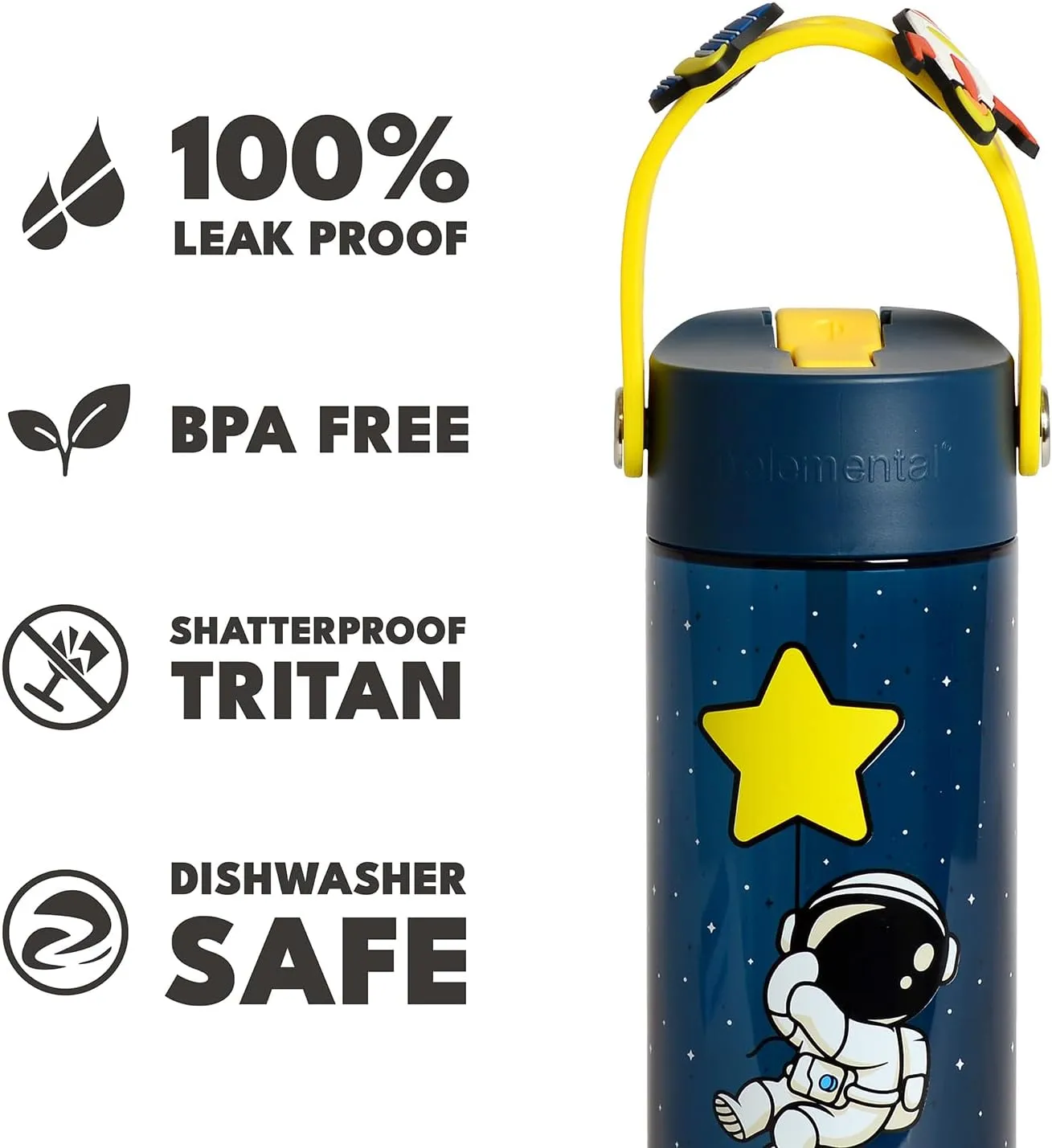 Elemental Water Bottles for Kids - Splash Kids Water Bottle for School with Fun Charm Handle - BPA Free Tritan Plastic Bottle with Straw Leak Proof When Spout is Closed - 18oz - Little Astronaut