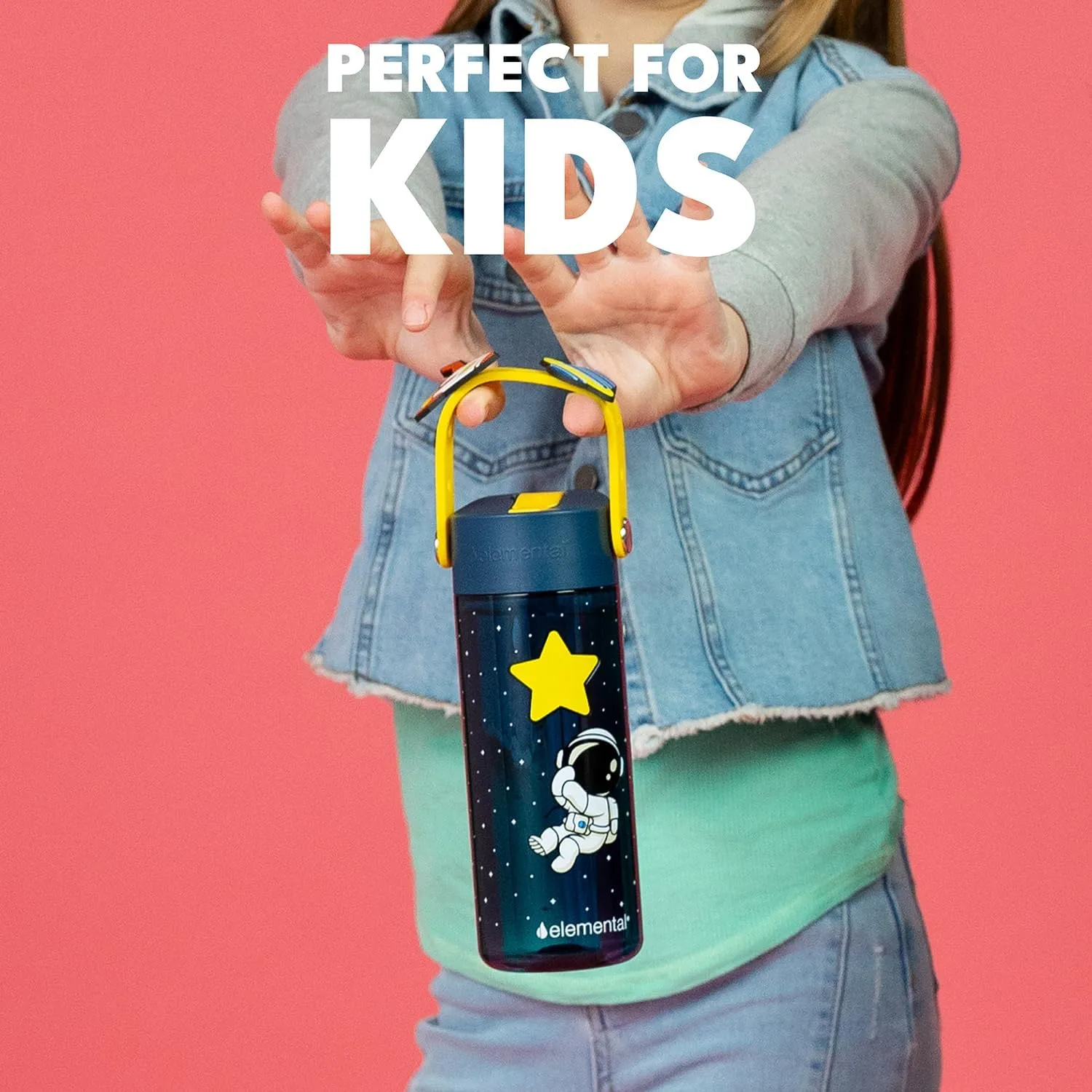 Elemental Water Bottles for Kids - Splash Kids Water Bottle for School with Fun Charm Handle - BPA Free Tritan Plastic Bottle with Straw Leak Proof When Spout is Closed - 18oz - Little Astronaut