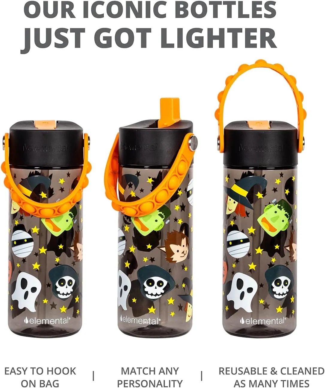 Elemental Water Bottles for Kids - Splash Kids Water Bottle for School with Pop-it Handle - BPA Free Tritan Plastic Water Bottle with Straw Leak Proof when Spout is Closed - Monster Party - 18oz