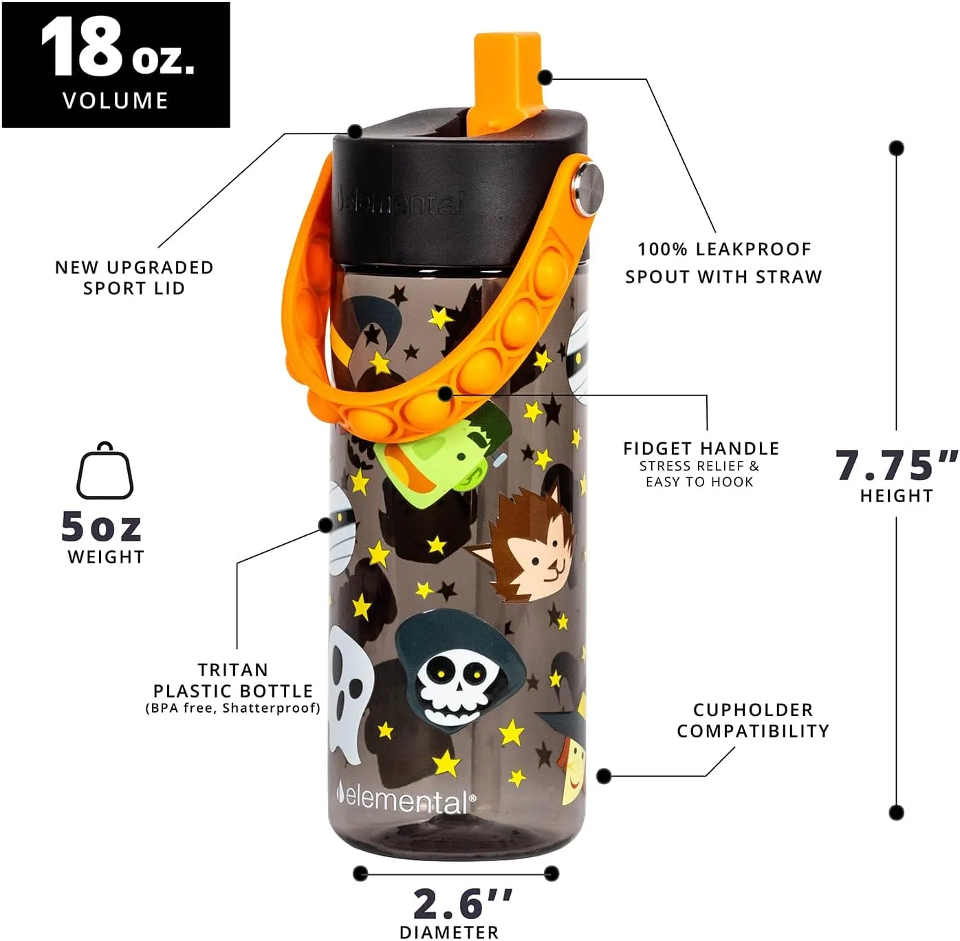 Elemental Water Bottles for Kids - Splash Kids Water Bottle for School with Pop-it Handle - BPA Free Tritan Plastic Water Bottle with Straw Leak Proof when Spout is Closed - Monster Party - 18oz