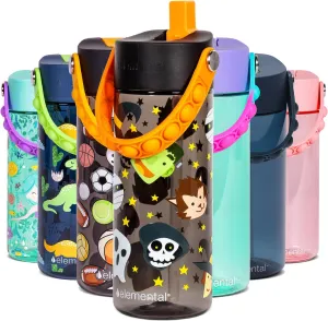 Elemental Water Bottles for Kids - Splash Kids Water Bottle for School with Pop-it Handle - BPA Free Tritan Plastic Water Bottle with Straw Leak Proof when Spout is Closed - Monster Party - 18oz