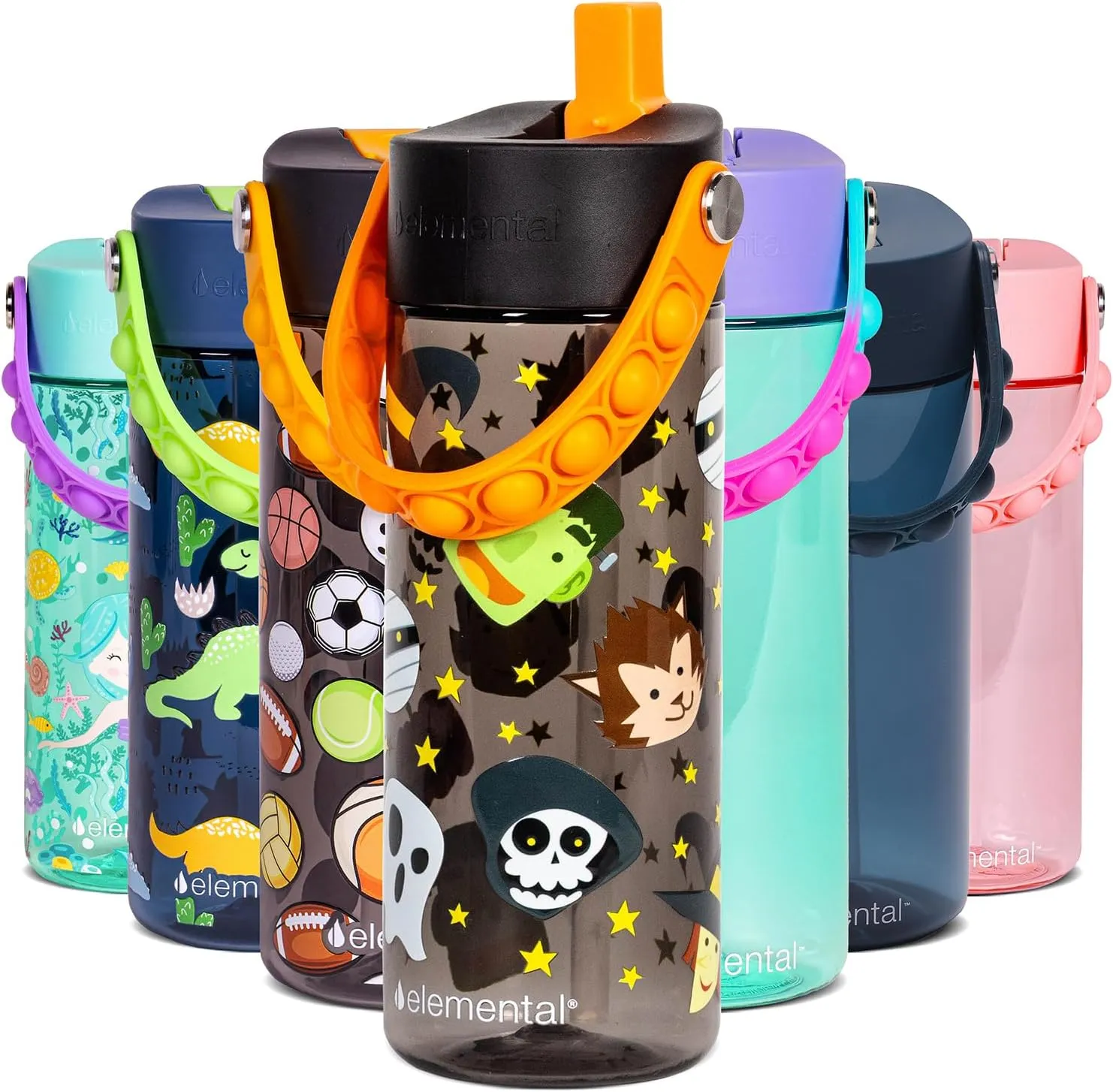 Elemental Water Bottles for Kids - Splash Kids Water Bottle for School with Pop-it Handle - BPA Free Tritan Plastic Water Bottle with Straw Leak Proof when Spout is Closed - Monster Party - 18oz