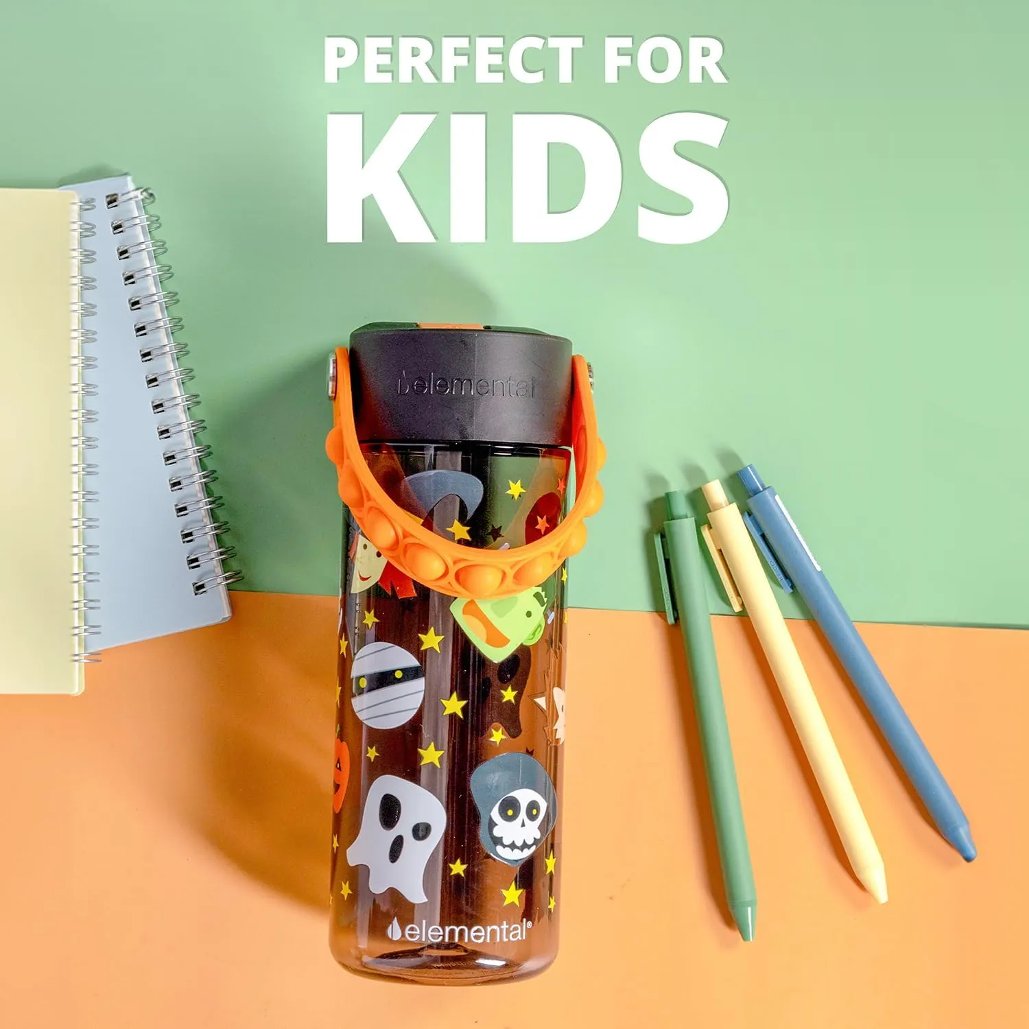 Elemental Water Bottles for Kids - Splash Kids Water Bottle for School with Pop-it Handle - BPA Free Tritan Plastic Water Bottle with Straw Leak Proof when Spout is Closed - Monster Party - 18oz