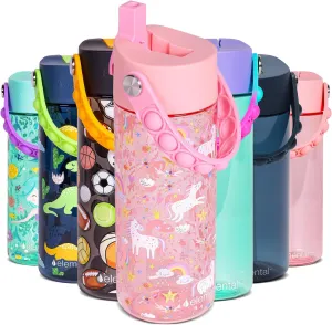 Elemental Water Bottles for Kids - Splash Kids Water Bottle for School with Pop-it Handle - BPA Free Tritan Plastic Water Bottle with Straw Leak Proof when Spout is Closed - Pink Unicorn - 18oz