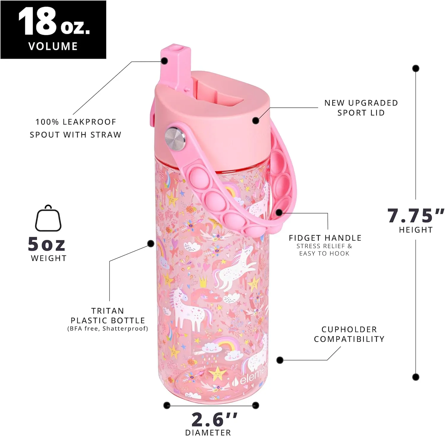 Elemental Water Bottles for Kids - Splash Kids Water Bottle for School with Pop-it Handle - BPA Free Tritan Plastic Water Bottle with Straw Leak Proof when Spout is Closed - Pink Unicorn - 18oz
