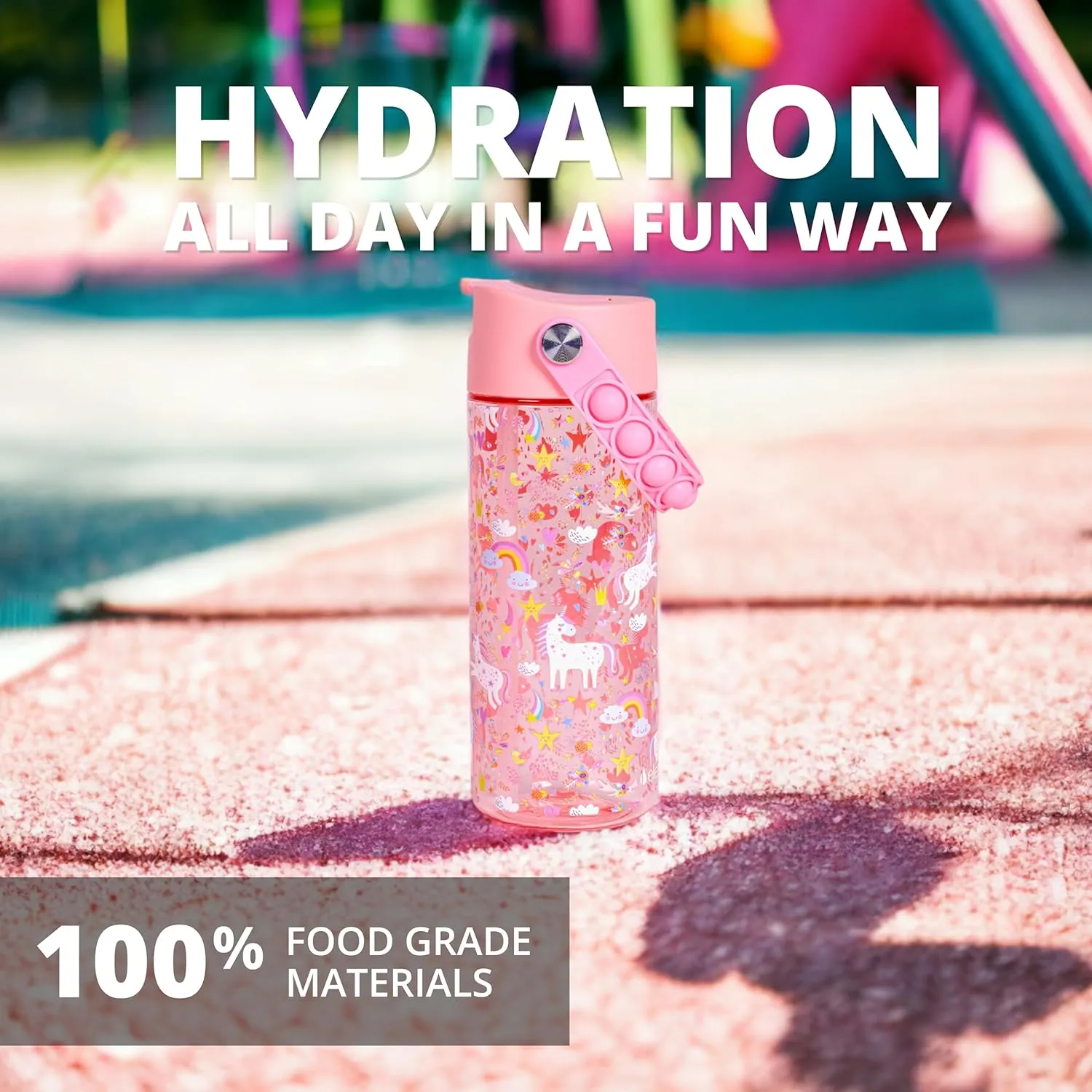Elemental Water Bottles for Kids - Splash Kids Water Bottle for School with Pop-it Handle - BPA Free Tritan Plastic Water Bottle with Straw Leak Proof when Spout is Closed - Pink Unicorn - 18oz