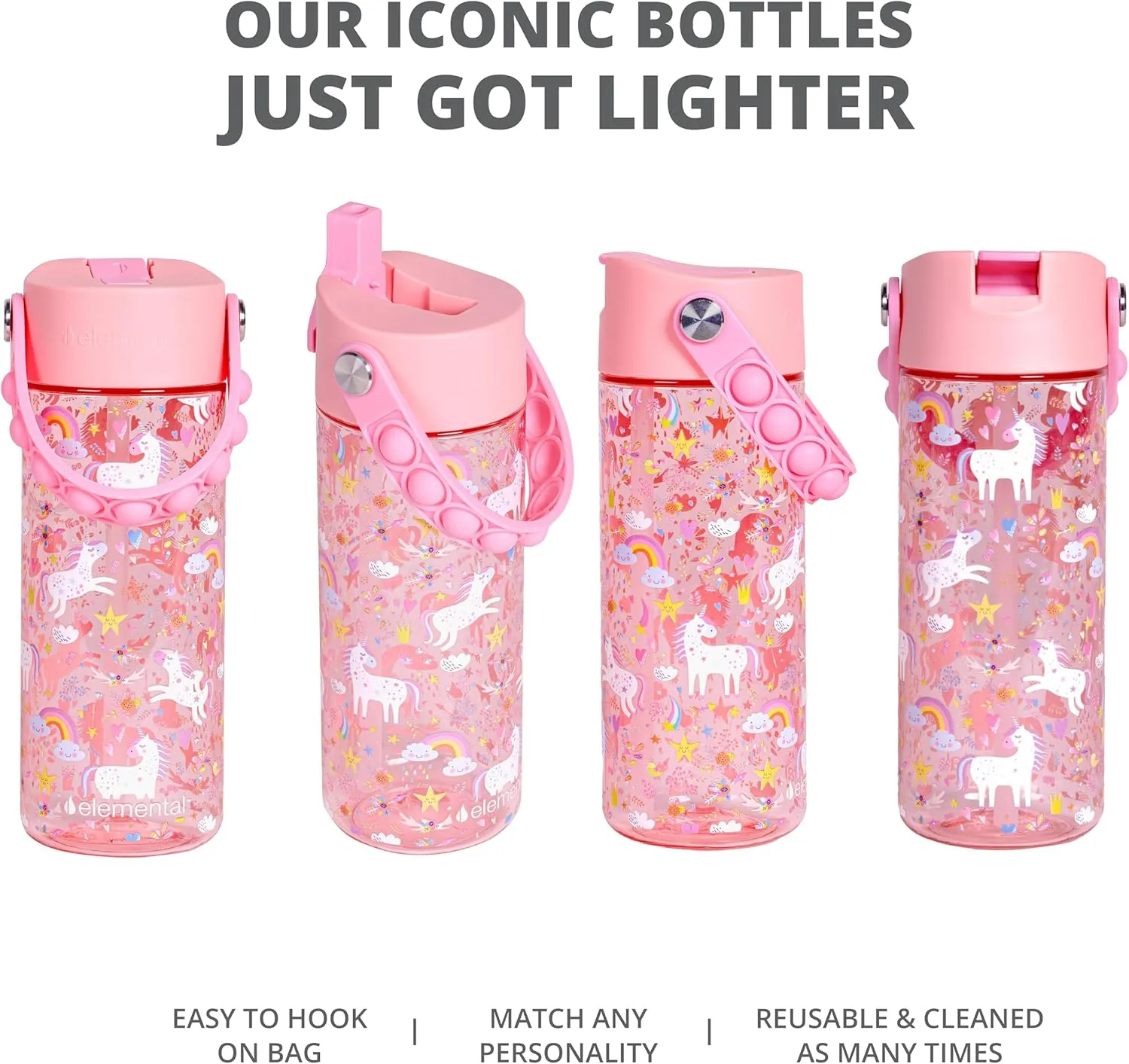 Elemental Water Bottles for Kids - Splash Kids Water Bottle for School with Pop-it Handle - BPA Free Tritan Plastic Water Bottle with Straw Leak Proof when Spout is Closed - Pink Unicorn - 18oz