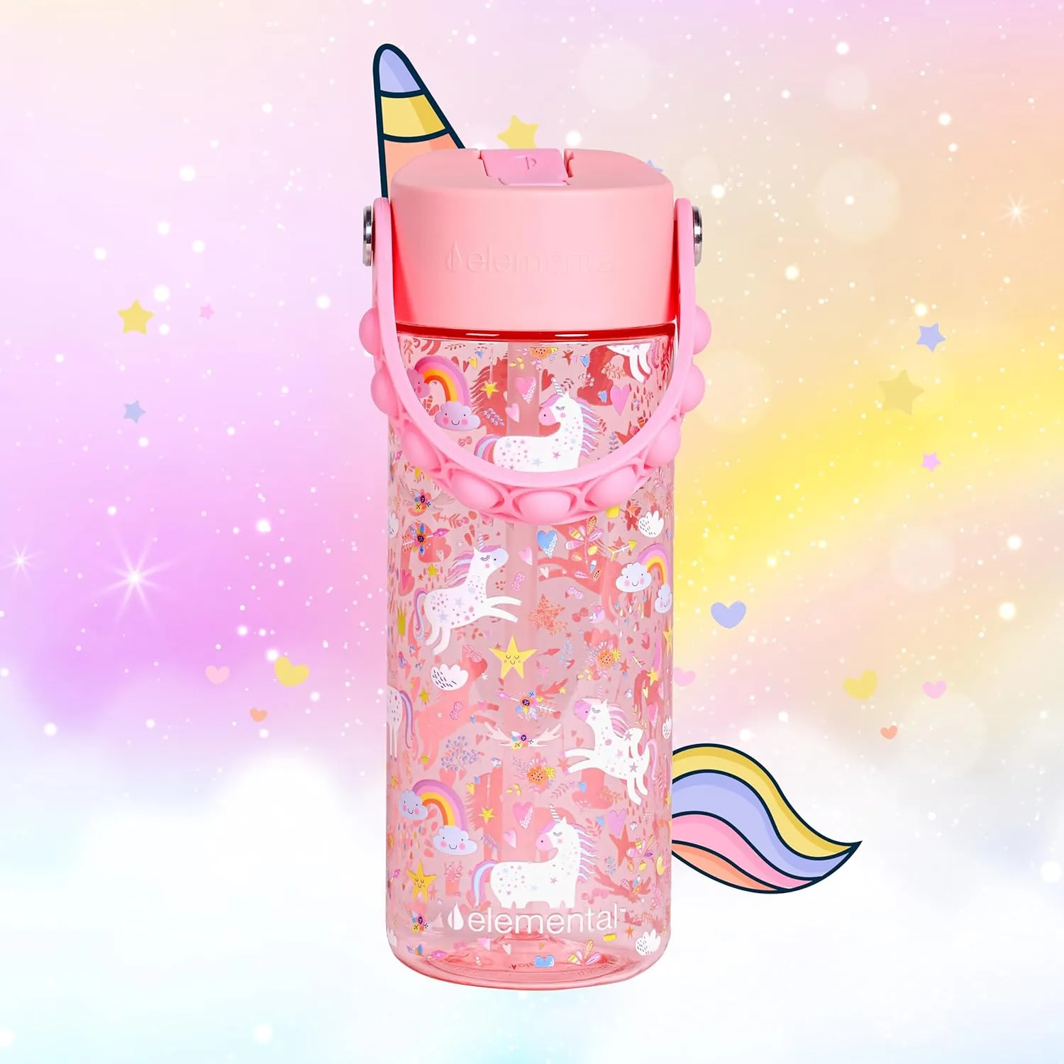 Elemental Water Bottles for Kids - Splash Kids Water Bottle for School with Pop-it Handle - BPA Free Tritan Plastic Water Bottle with Straw Leak Proof when Spout is Closed - Pink Unicorn - 18oz