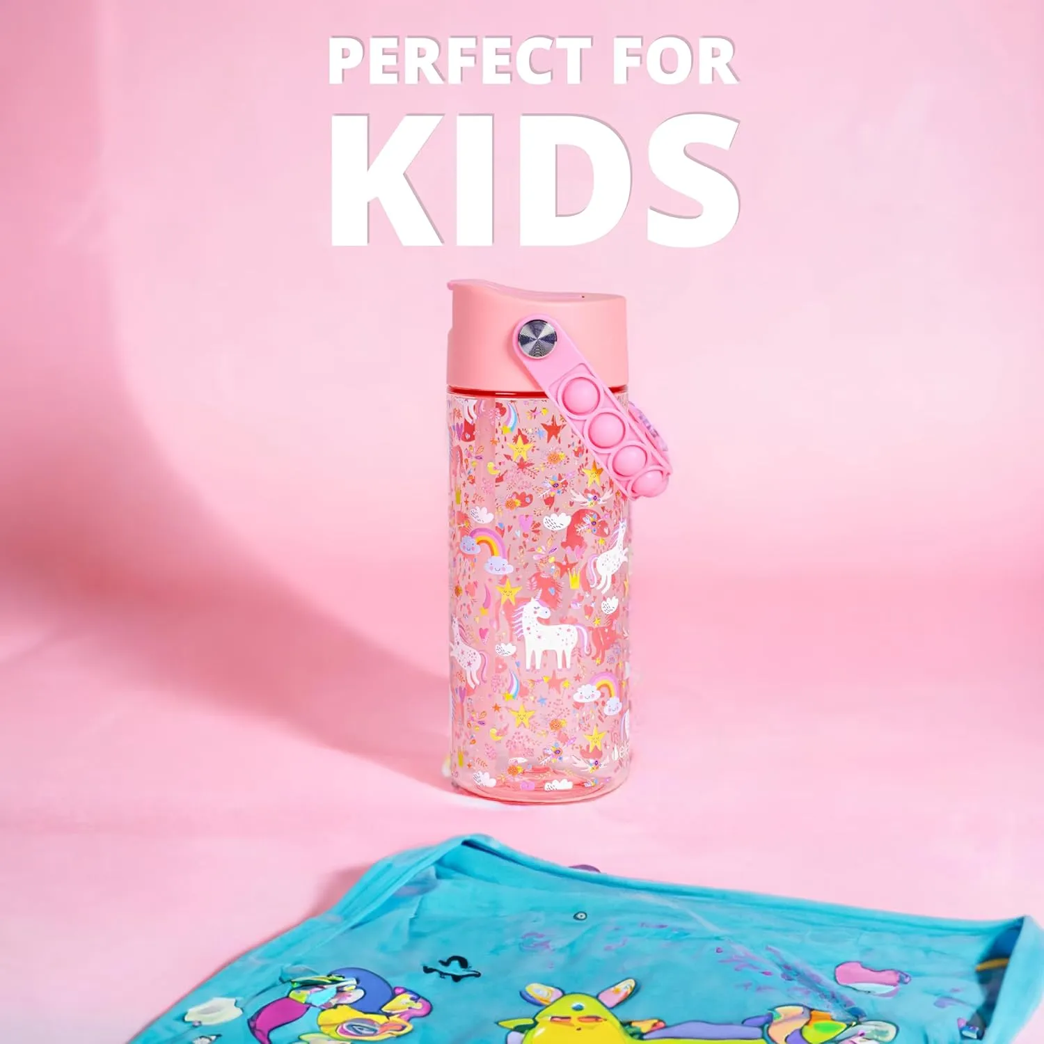Elemental Water Bottles for Kids - Splash Kids Water Bottle for School with Pop-it Handle - BPA Free Tritan Plastic Water Bottle with Straw Leak Proof when Spout is Closed - Pink Unicorn - 18oz