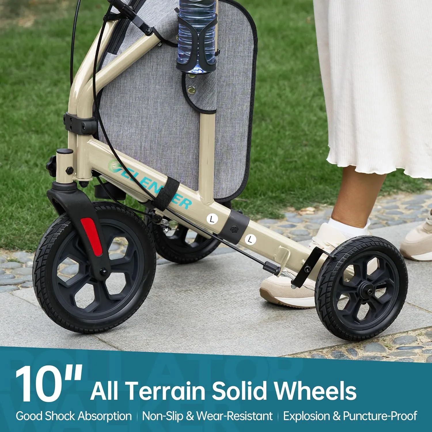 ELENKER All Terrain 3 Wheel Walkers for Seniors, 3 Wheeled Rollator with 10” Wheels, Narrow Walkers for Small Spaces, Compact Folding, Ideal for Traveling, Champagne