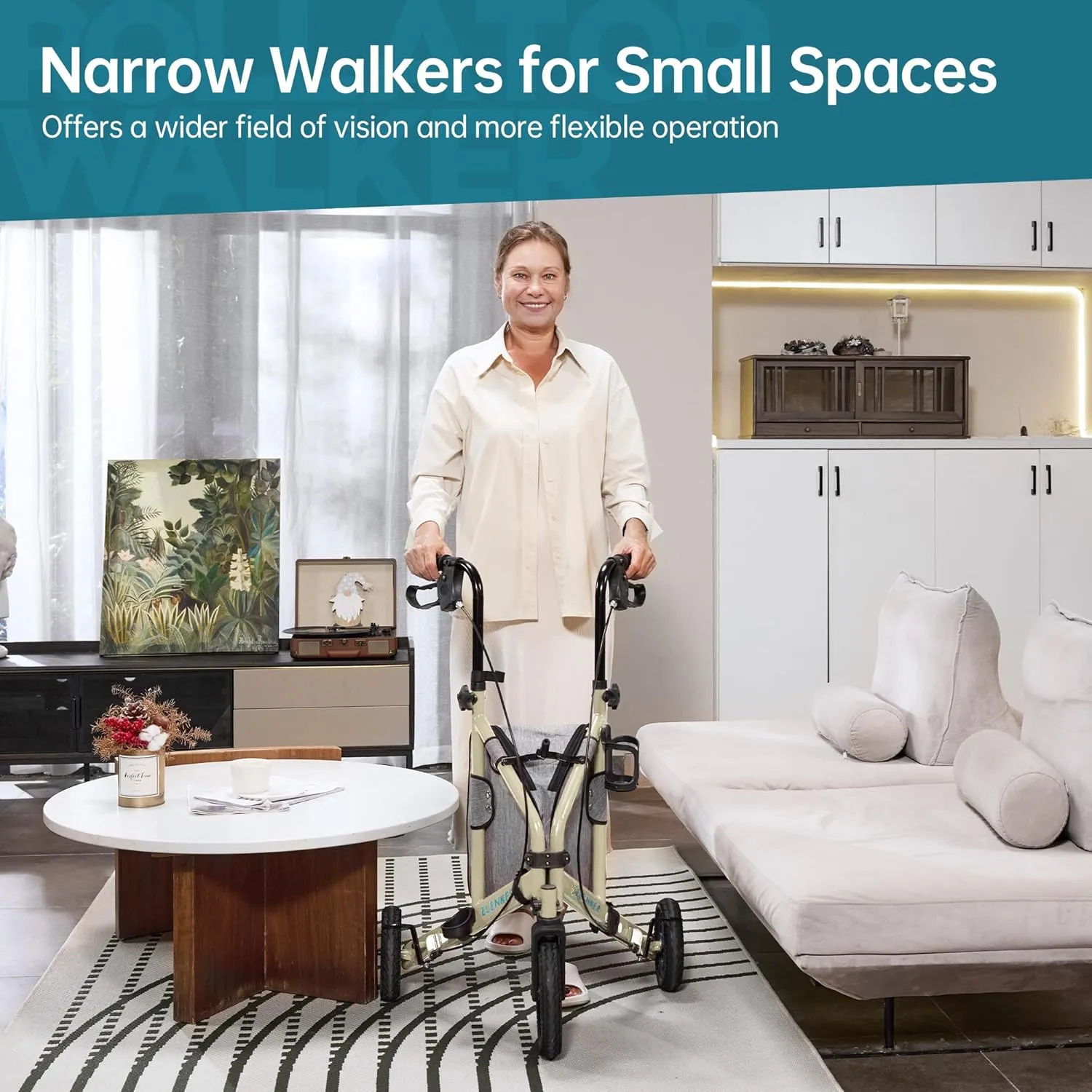 ELENKER All Terrain 3 Wheel Walkers for Seniors, 3 Wheeled Rollator with 10” Wheels, Narrow Walkers for Small Spaces, Compact Folding, Ideal for Traveling, Champagne