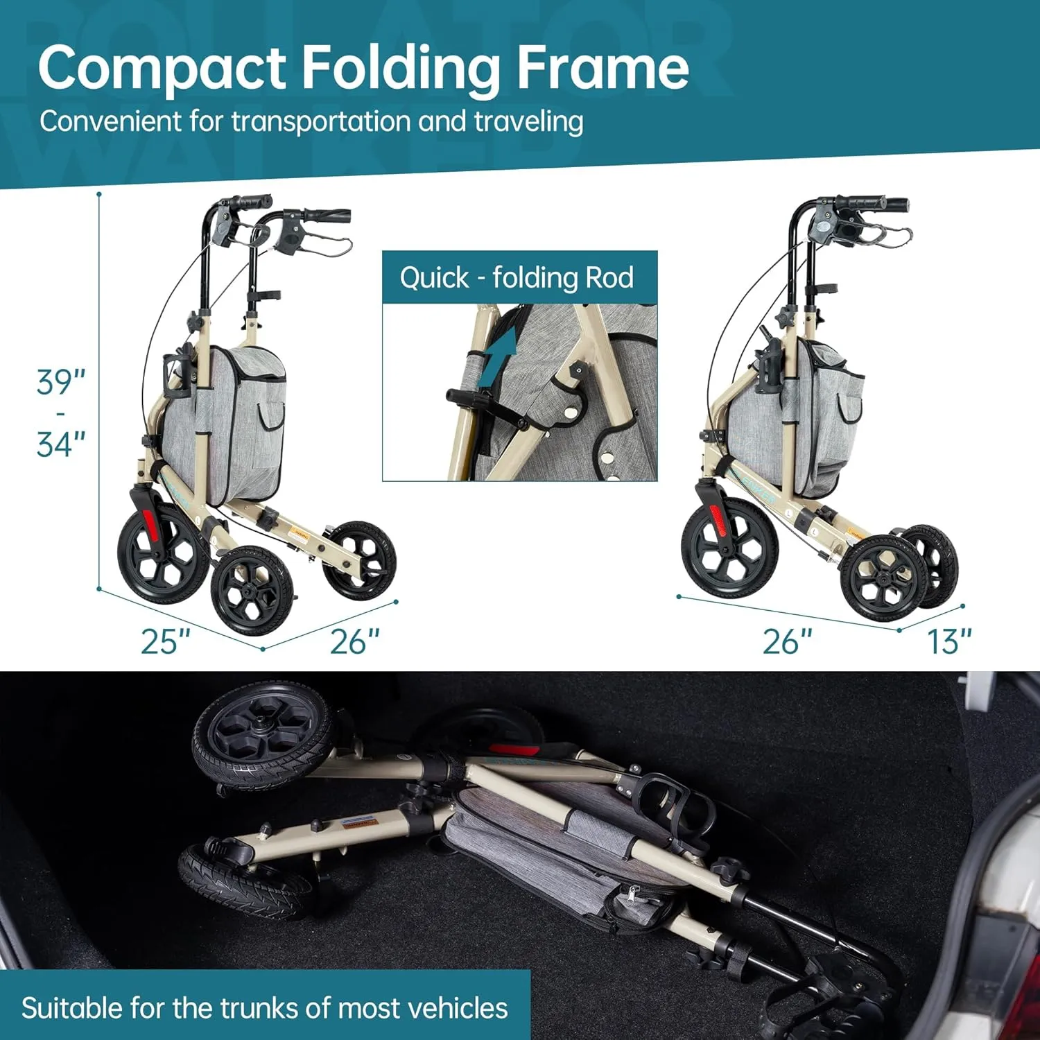 ELENKER All Terrain 3 Wheel Walkers for Seniors, 3 Wheeled Rollator with 10” Wheels, Narrow Walkers for Small Spaces, Compact Folding, Ideal for Traveling, Champagne