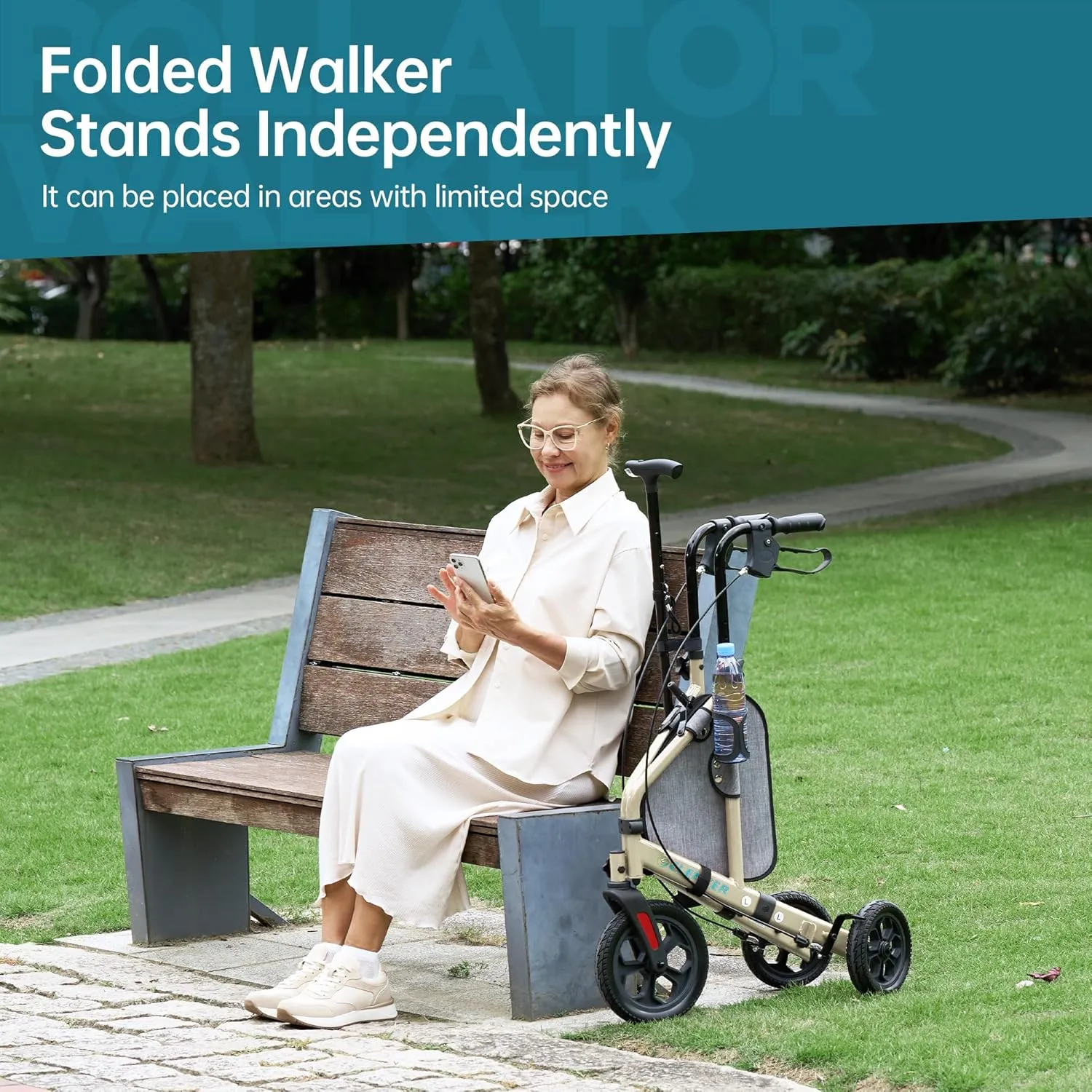 ELENKER All Terrain 3 Wheel Walkers for Seniors, 3 Wheeled Rollator with 10” Wheels, Narrow Walkers for Small Spaces, Compact Folding, Ideal for Traveling, Champagne