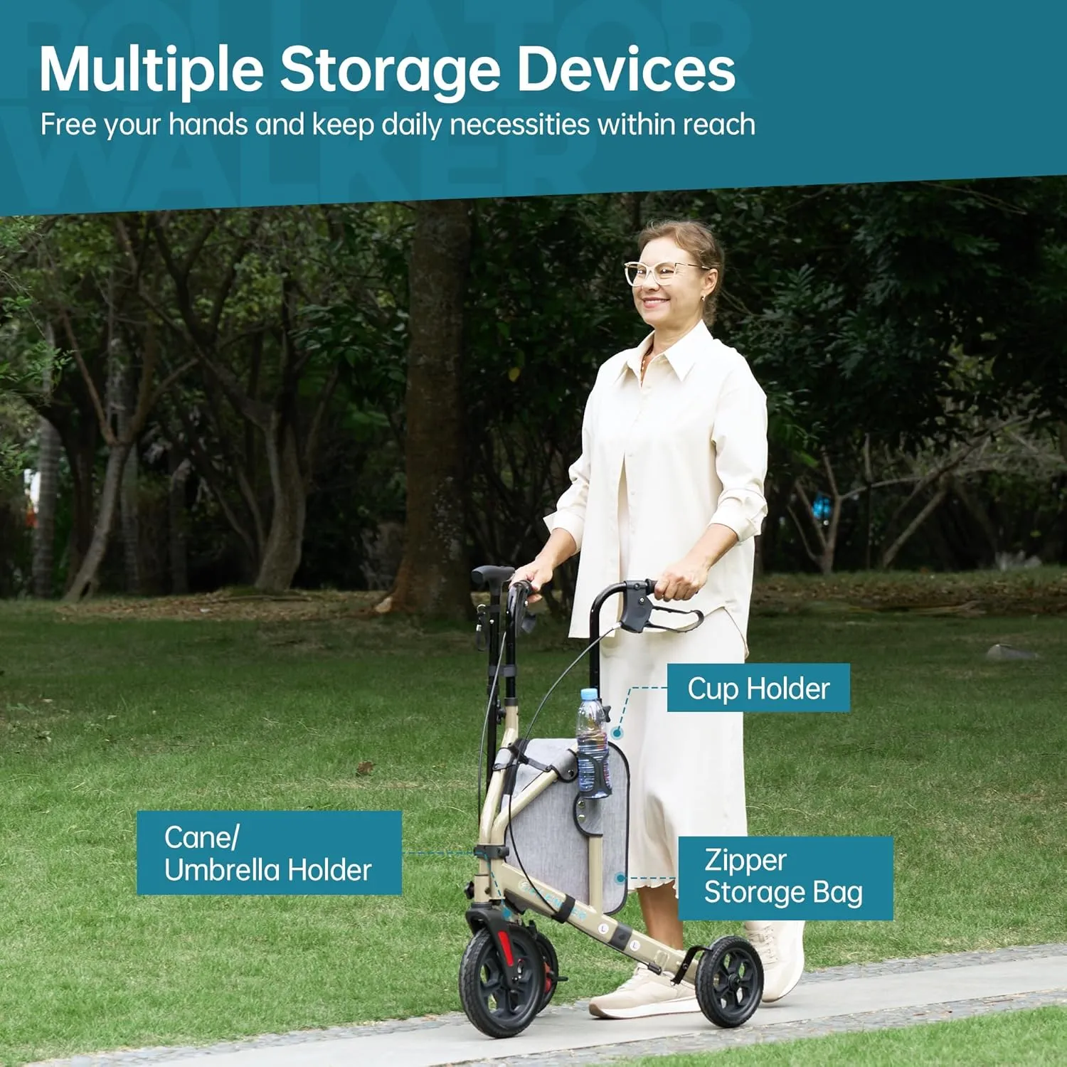 ELENKER All Terrain 3 Wheel Walkers for Seniors, 3 Wheeled Rollator with 10” Wheels, Narrow Walkers for Small Spaces, Compact Folding, Ideal for Traveling, Champagne