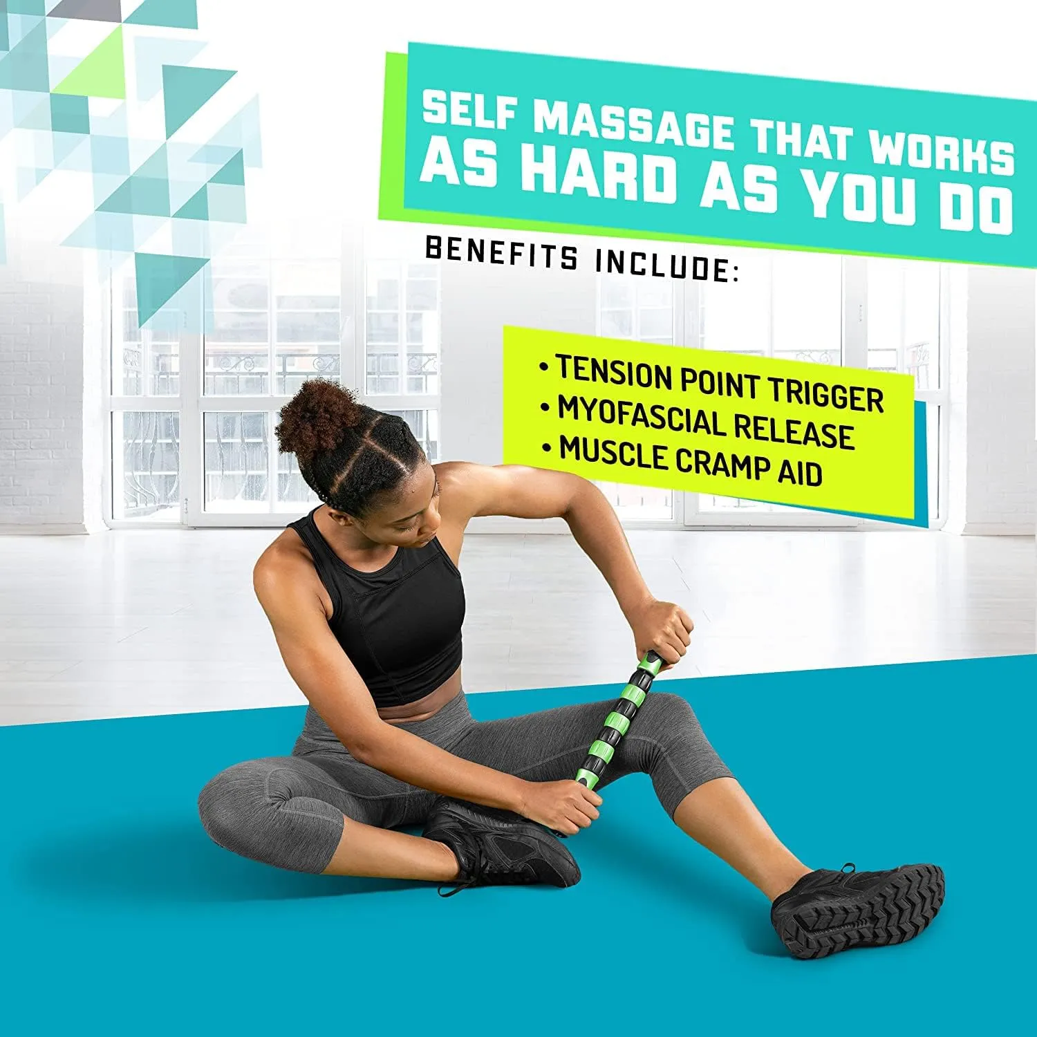 Elite Massage Roller Stick Targets Sore, Tight Leg Muscles to Prevent Cramps and Release Tension. It's Sturdy, Lightweight, Smooth Rolling and Thankfully This Lifesaver has Comfortable Handles.Green