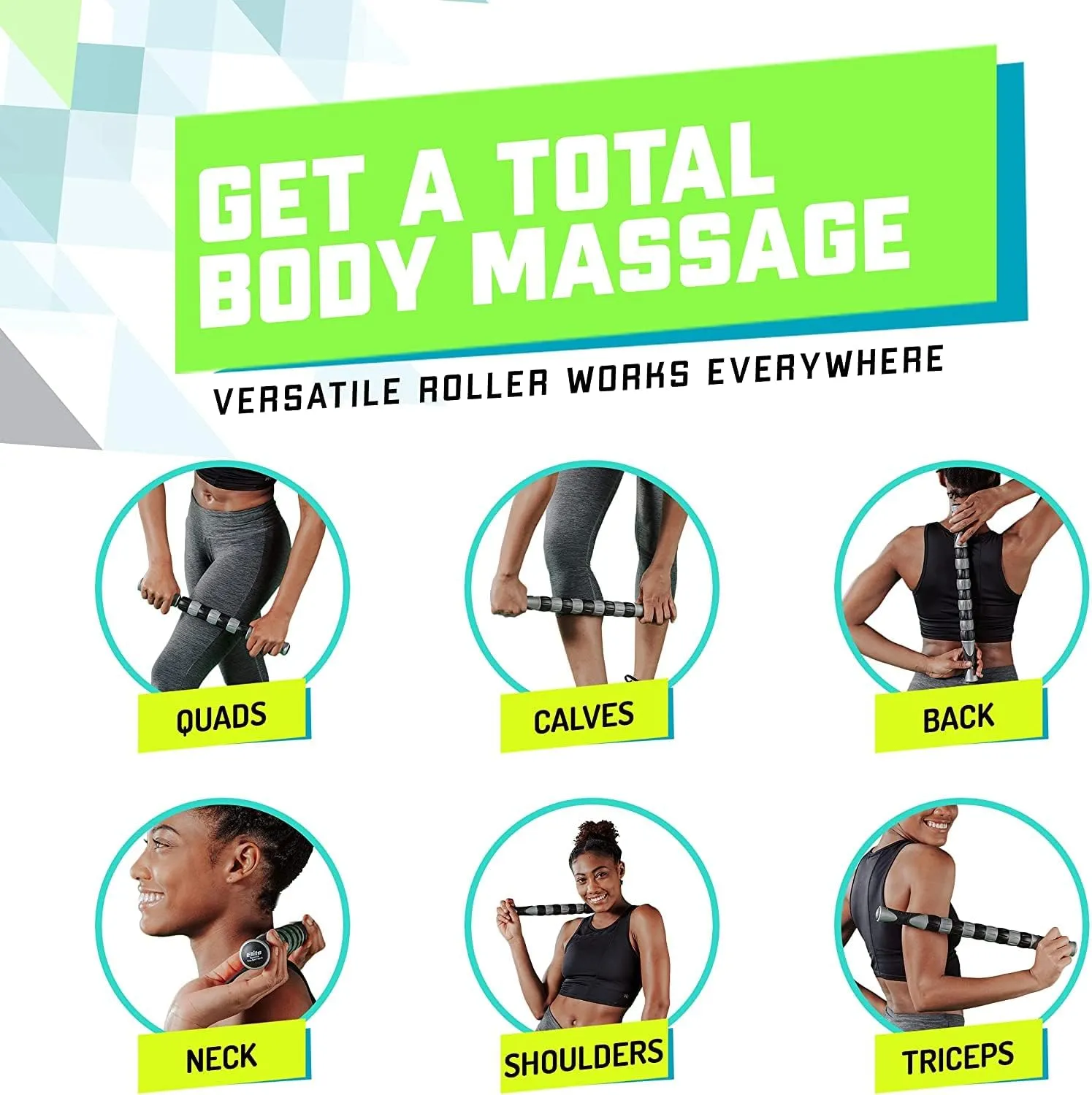Elite Massage Roller Stick Targets Sore, Tight Leg Muscles to Prevent Cramps and Release Tension. It's Sturdy, Lightweight, Smooth Rolling and Thankfully This Lifesaver has Comfortable Handles.Green