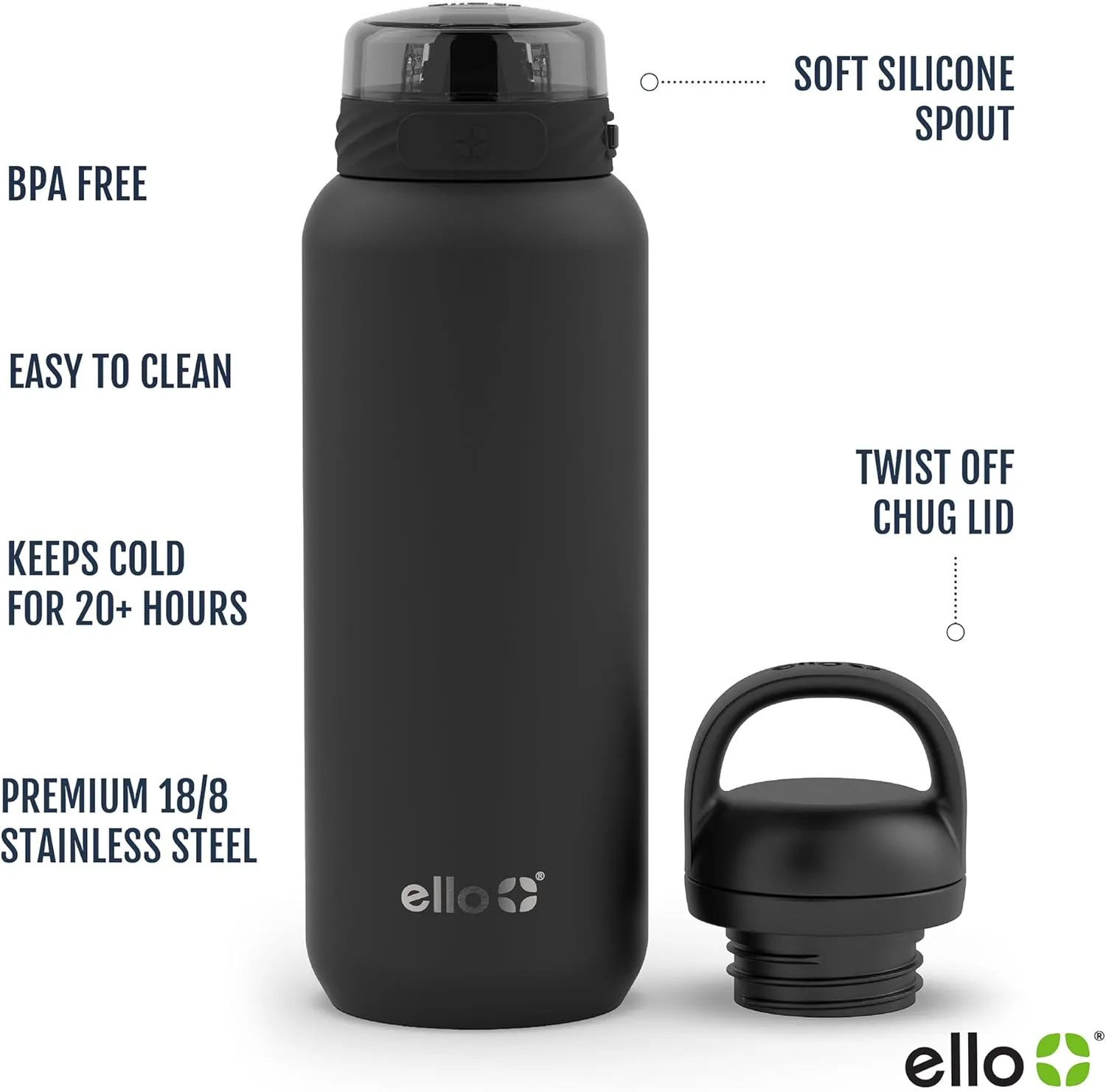 Ello Cooper 32oz Stainless Steel Water Bottle with 2 Lids Chug and Straw | Leak Proof | Double Walled and Vacuum Insulated | Built in Carry Loop | Dishwasher Safe | Cashmere Pink