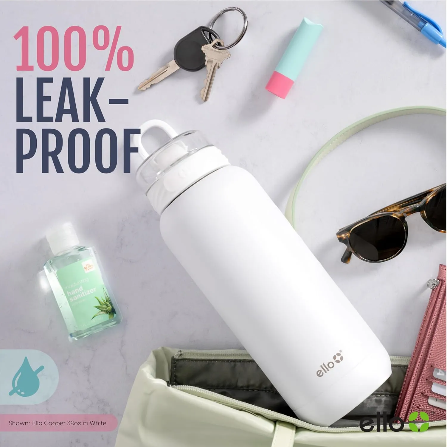 Ello Cooper 32oz Stainless Steel Water Bottle with 2 Lids Chug and Straw | Leak Proof | Double Walled and Vacuum Insulated | Built in Carry Loop | Dishwasher Safe | Cashmere Pink