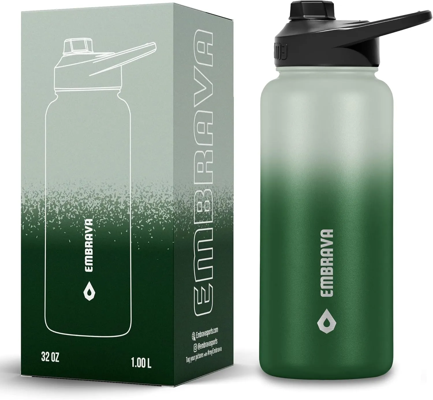 Embrava Insulated Sports Water Bottle - 32oz - Quick Open Lid for Gym, Workouts and Outdoors - Leak Proof - BPA & BPS Free - Double Walled & Stainless Steel