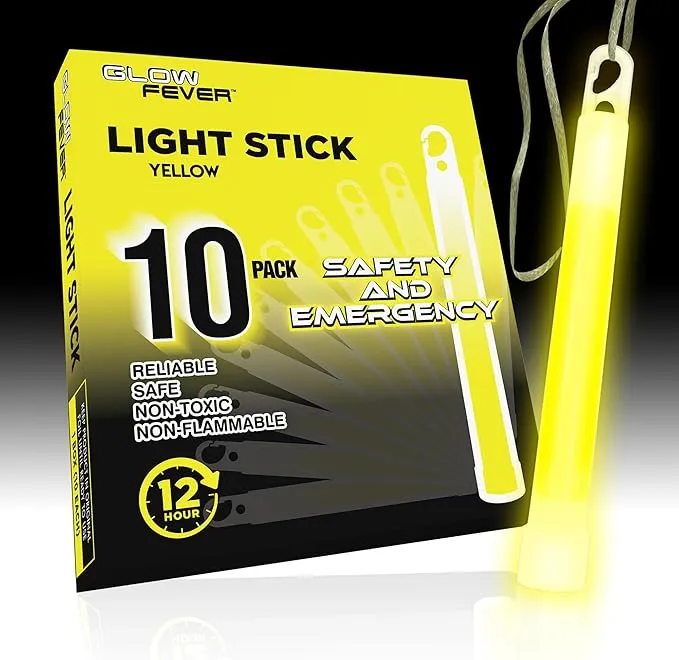 Emergency Safety Military Grade Glow Sticks, 10PCS, 6" Ultra Bright Light Sticks with 12 Hours Duration. Great for Hiking, Party, Camping, Blackouts, Hurricane, First Aid and Survival Kits (Yellow)