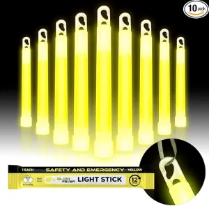 Emergency Safety Military Grade Glow Sticks, 10PCS, 6" Ultra Bright Light Sticks with 12 Hours Duration. Great for Hiking, Party, Camping, Blackouts, Hurricane, First Aid and Survival Kits (Yellow)
