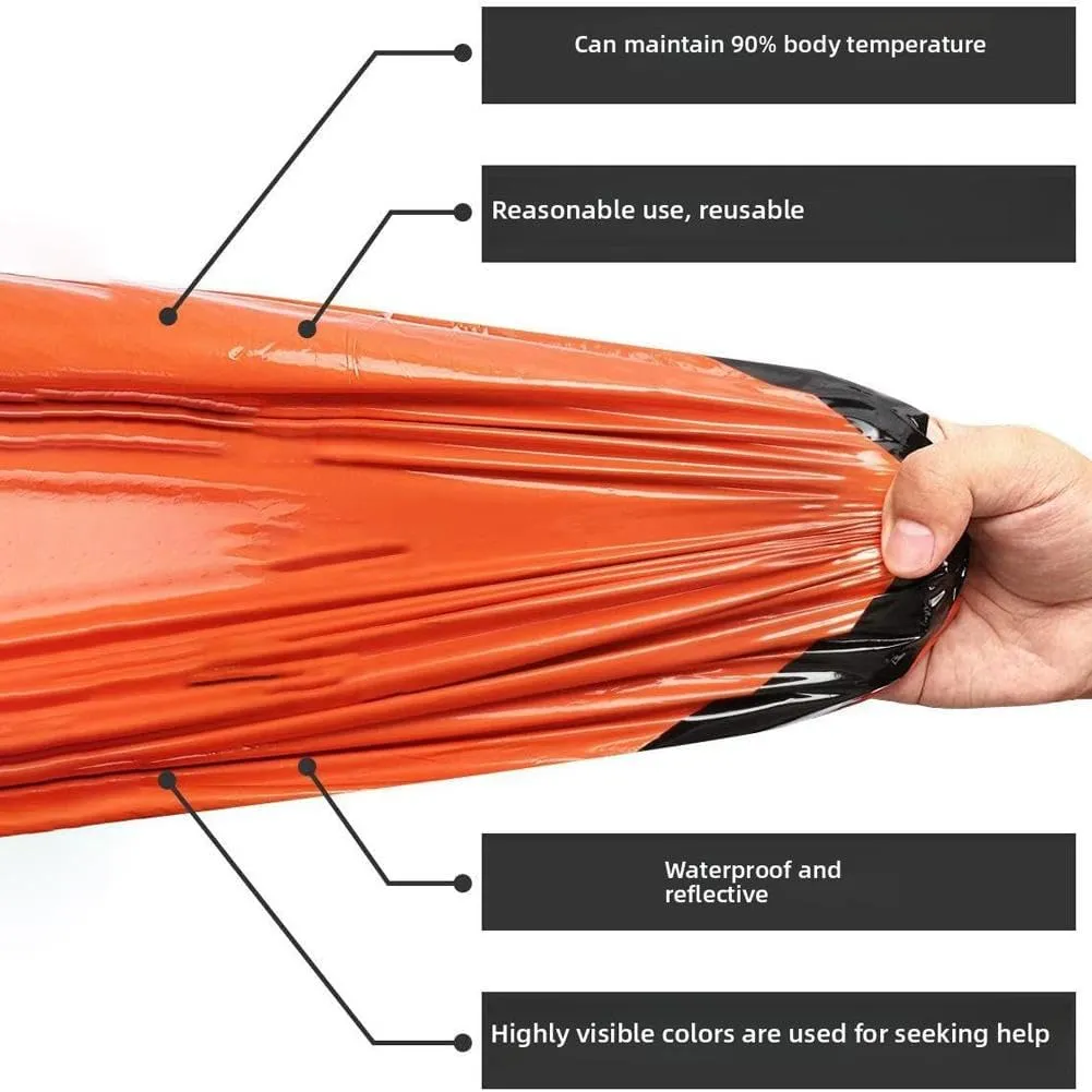 Emergency Sleeping Bag, Portable Thermal Sleeping Bag, Sleeping Bag with Whistle and Carabiner, Orange Mylar Thermal Space Blanket Sleep Shelter for Camping, Hiking, Outdoor Travel