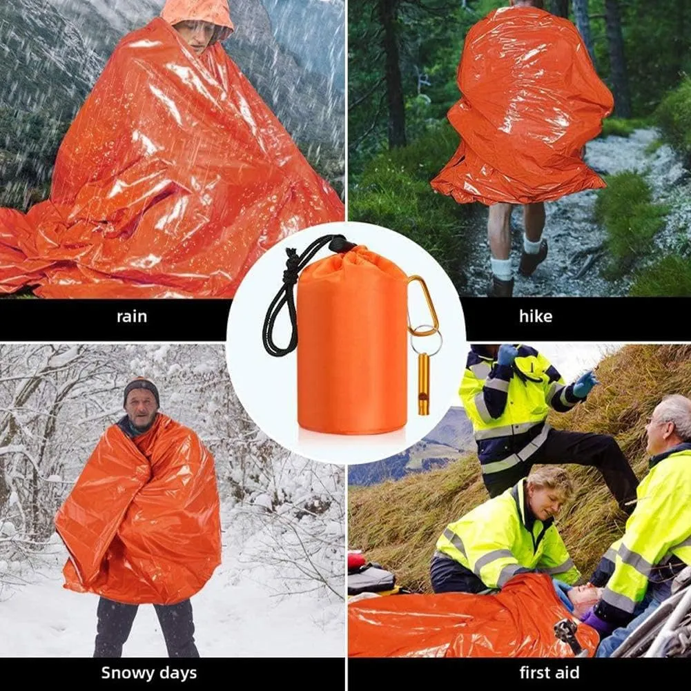 Emergency Sleeping Bag, Portable Thermal Sleeping Bag, Sleeping Bag with Whistle and Carabiner, Orange Mylar Thermal Space Blanket Sleep Shelter for Camping, Hiking, Outdoor Travel