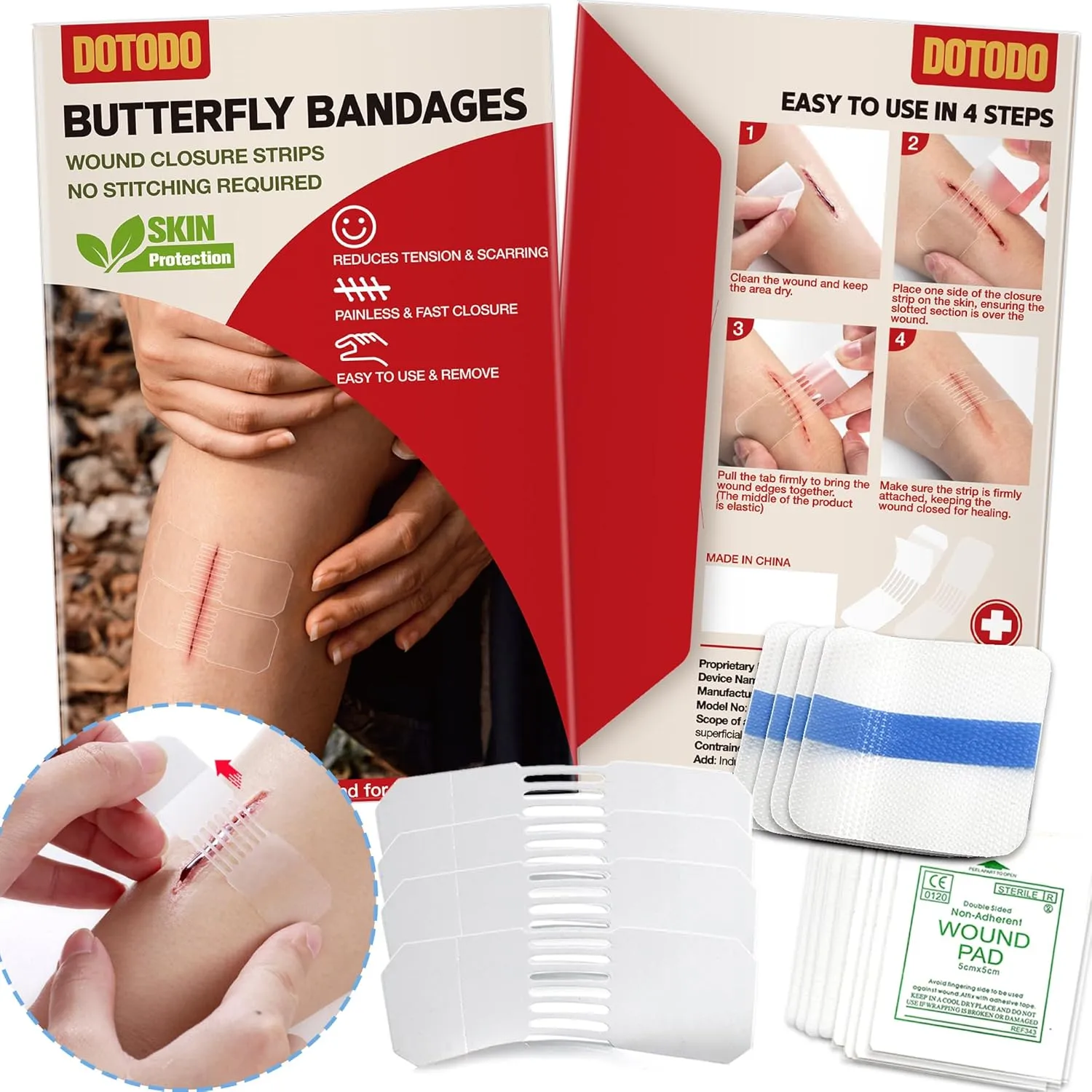 Emergency Wound Closure Strips - HSA/FSA Eligible - Dotodo 4PCS Laceration Closure Kit - Sutures Butterfly Bandaids | Stretchable & Shrinks Back to Close The Cut