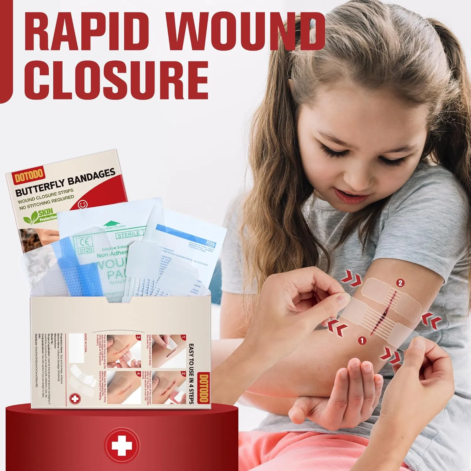Emergency Wound Closure Strips - HSA/FSA Eligible - Dotodo 4PCS Laceration Closure Kit - Sutures Butterfly Bandaids | Stretchable & Shrinks Back to Close The Cut