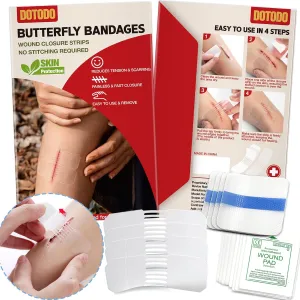 Emergency Wound Closure Strips - HSA/FSA Eligible - Dotodo 4PCS Laceration Closure Kit - Sutures Butterfly Bandaids | Stretchable & Shrinks Back to Close The Cut