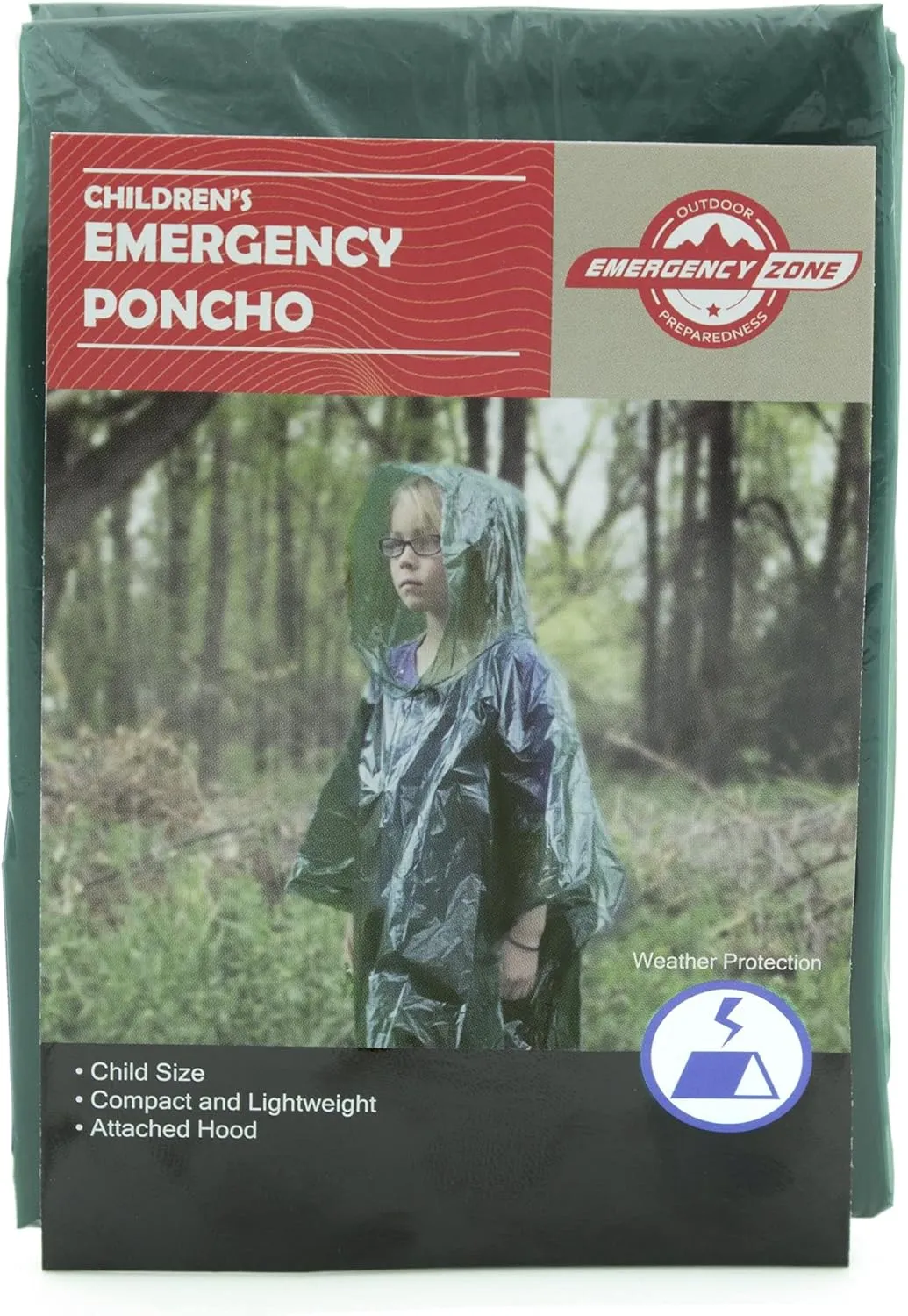 Emergency Zone Children's Green Emergency Poncho, Weather Protection, Rain Gear, (10 Pack)