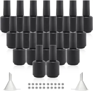Empty Gel Nail Polish Bottles 15ML with Brush, Opaque Round Refillable Fingernail Polish Bottles UV Safe with Mixing Balls & Funnels, Pack of 20 (Matte Black)